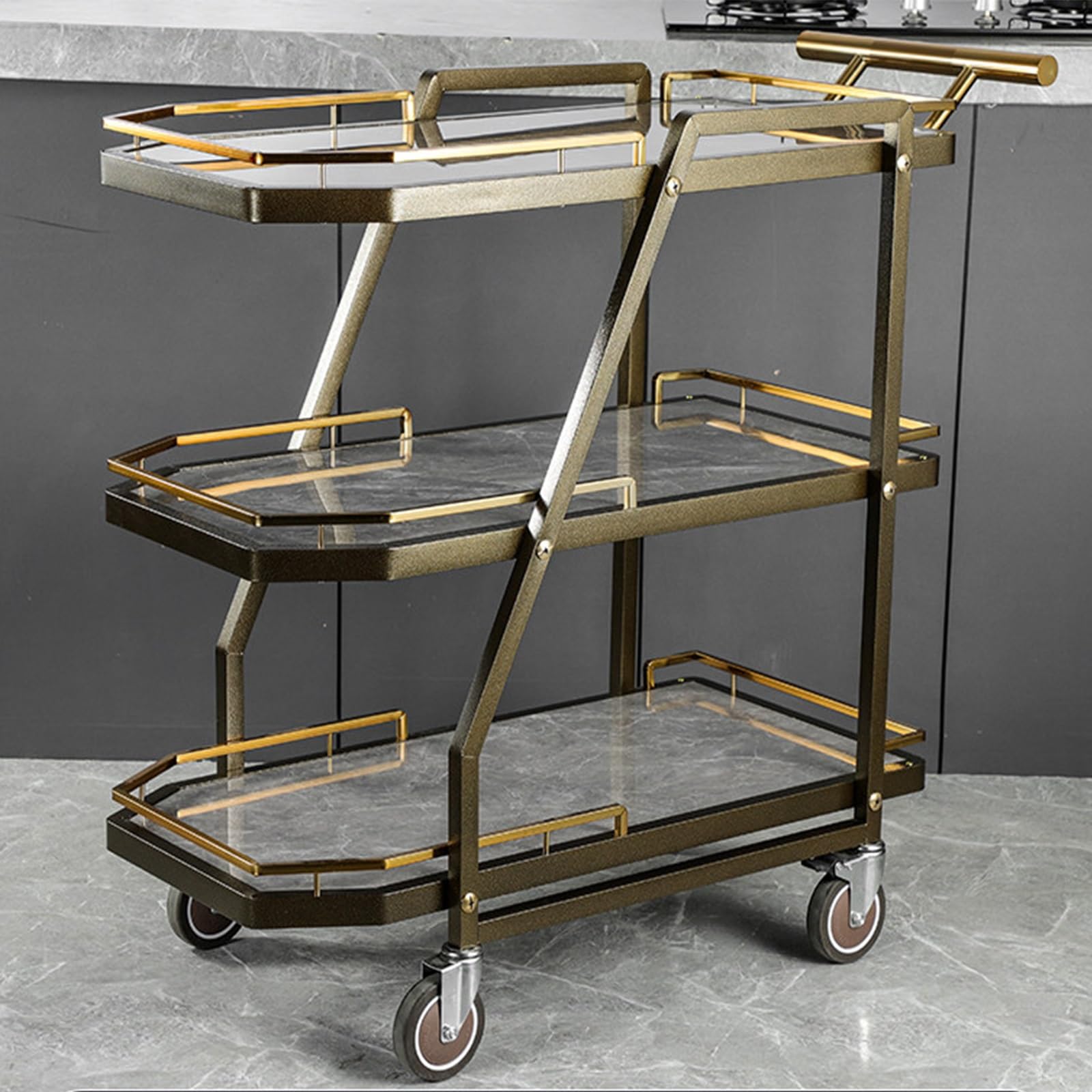 3 Tier Stainless Steel Rolling Serving Cart, Rock Panel Utility Trolley for Restaurant KTV Hotel Food Snack Drinks Transport(D)