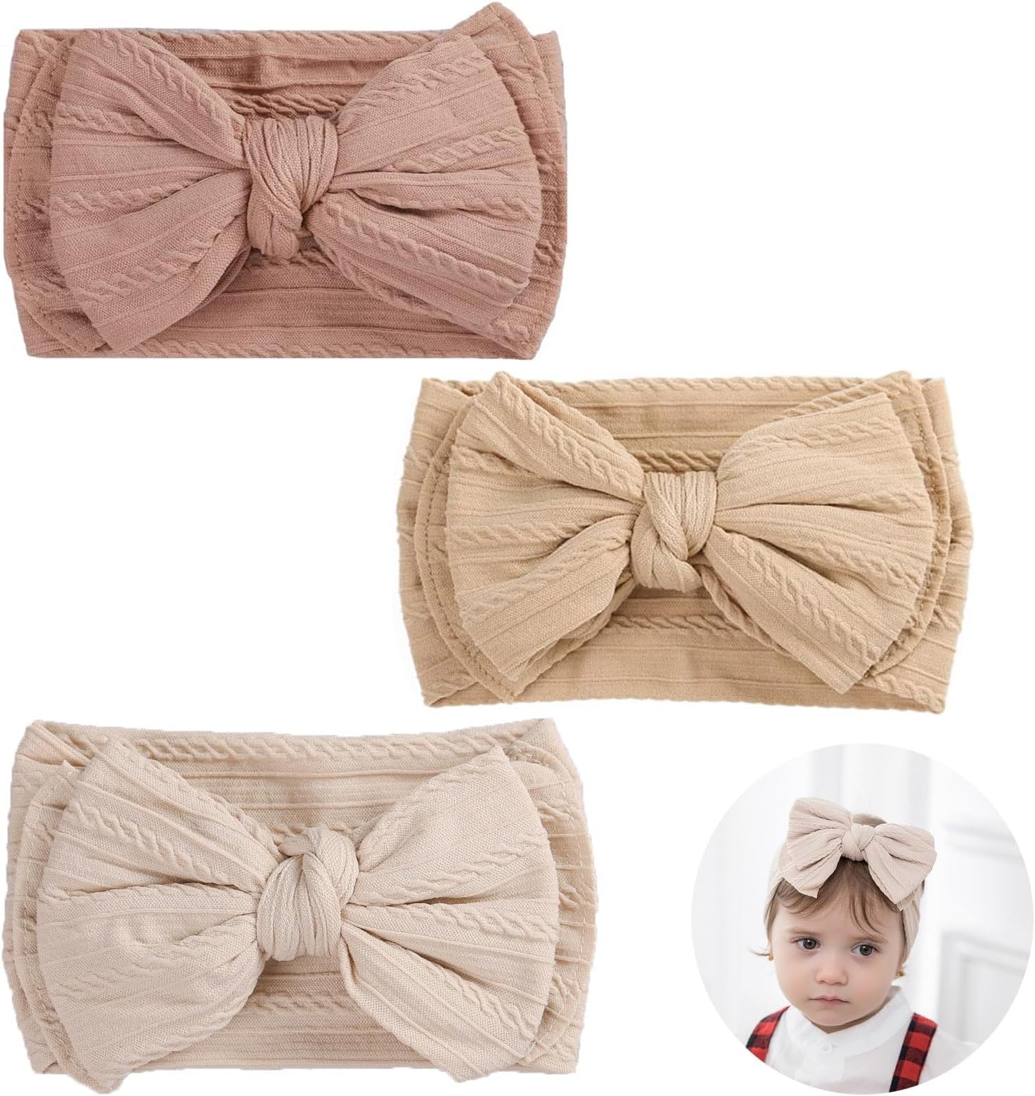 3PCS Baby Headband, Baby Turban Headbands, Baby Girl Bows, Stretchy Soft Wide Baby Turban Headbands Newborn Girls Boys Kids Gift as Toddler Headdress Photography Props Accessories