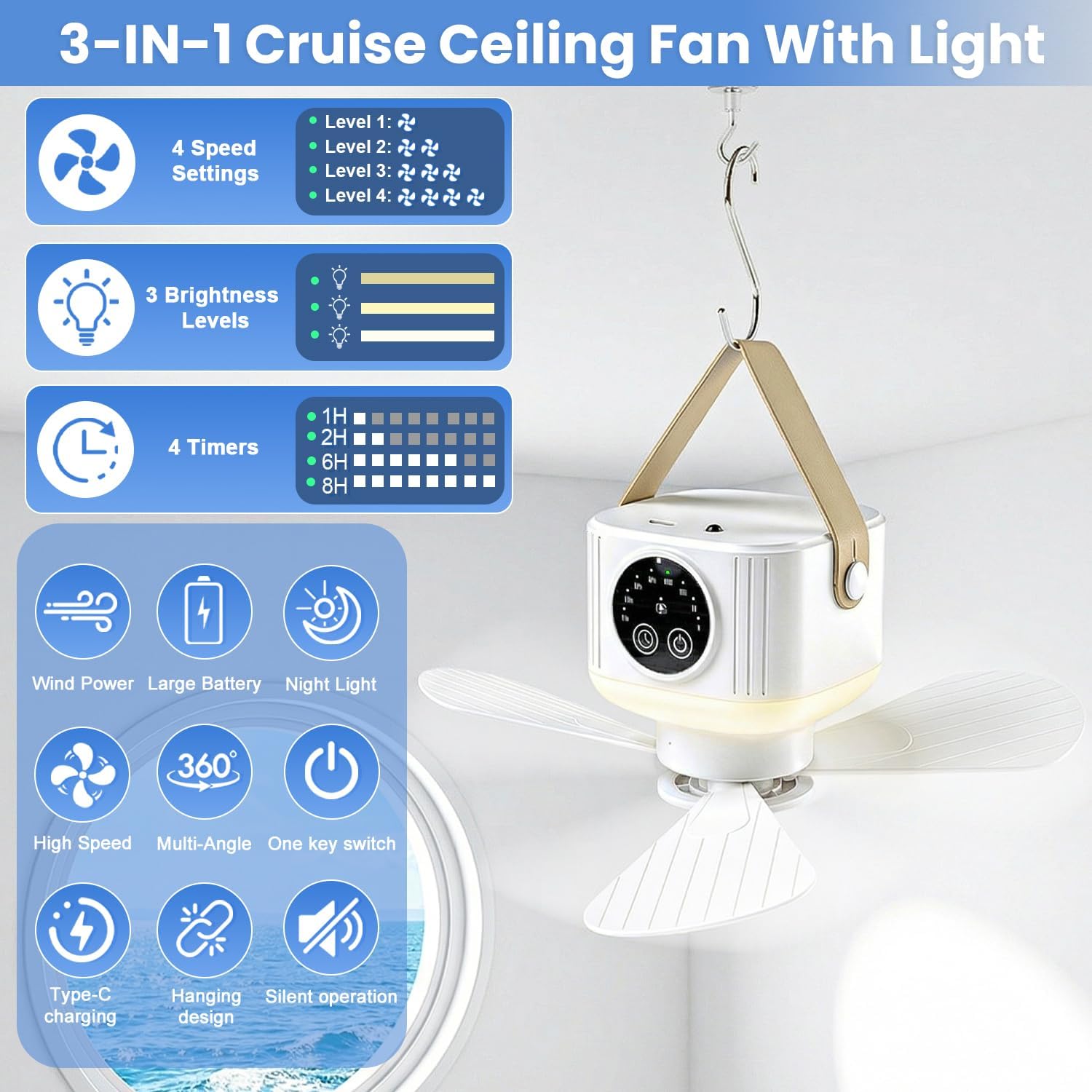Magnetic Cruise Fan Portable Ceiling Fan for Cruise with LED Hanging Ceiling Fan, Remote&Timer&4 Speeds Hook Design for Cruise Cabin, Bedroom Sleeping, Camping, Travel & Cruise Essentials 2026