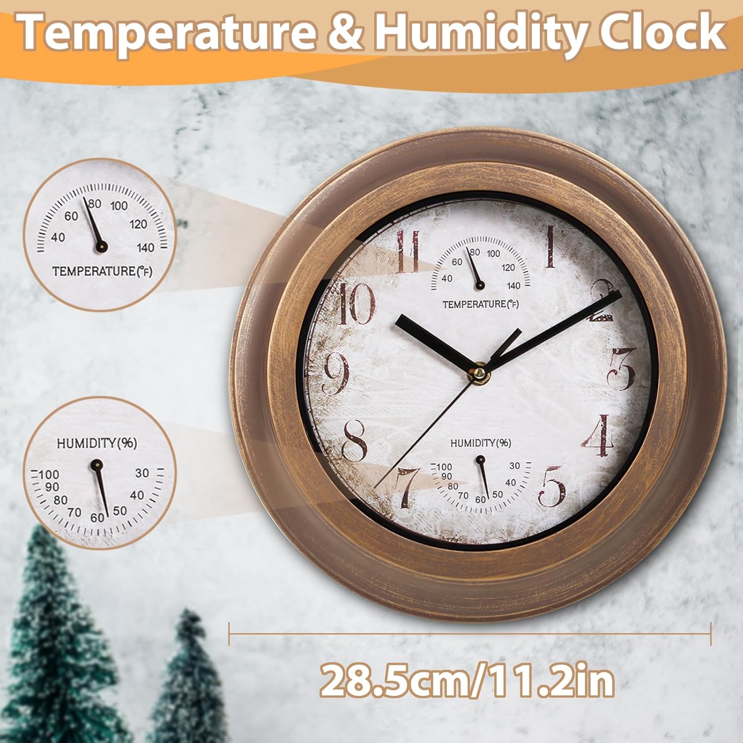 Condition photo showing New/Like New for 12 Inch Indoor/Outdoor Waterproof Wall Clock with Thermometer & Humidity, Silent Non-ticking Quartz Clock for Courtyard Kitichen Living Room Bathroom Balcony Greenhouse Garden Pool Patio (brown)