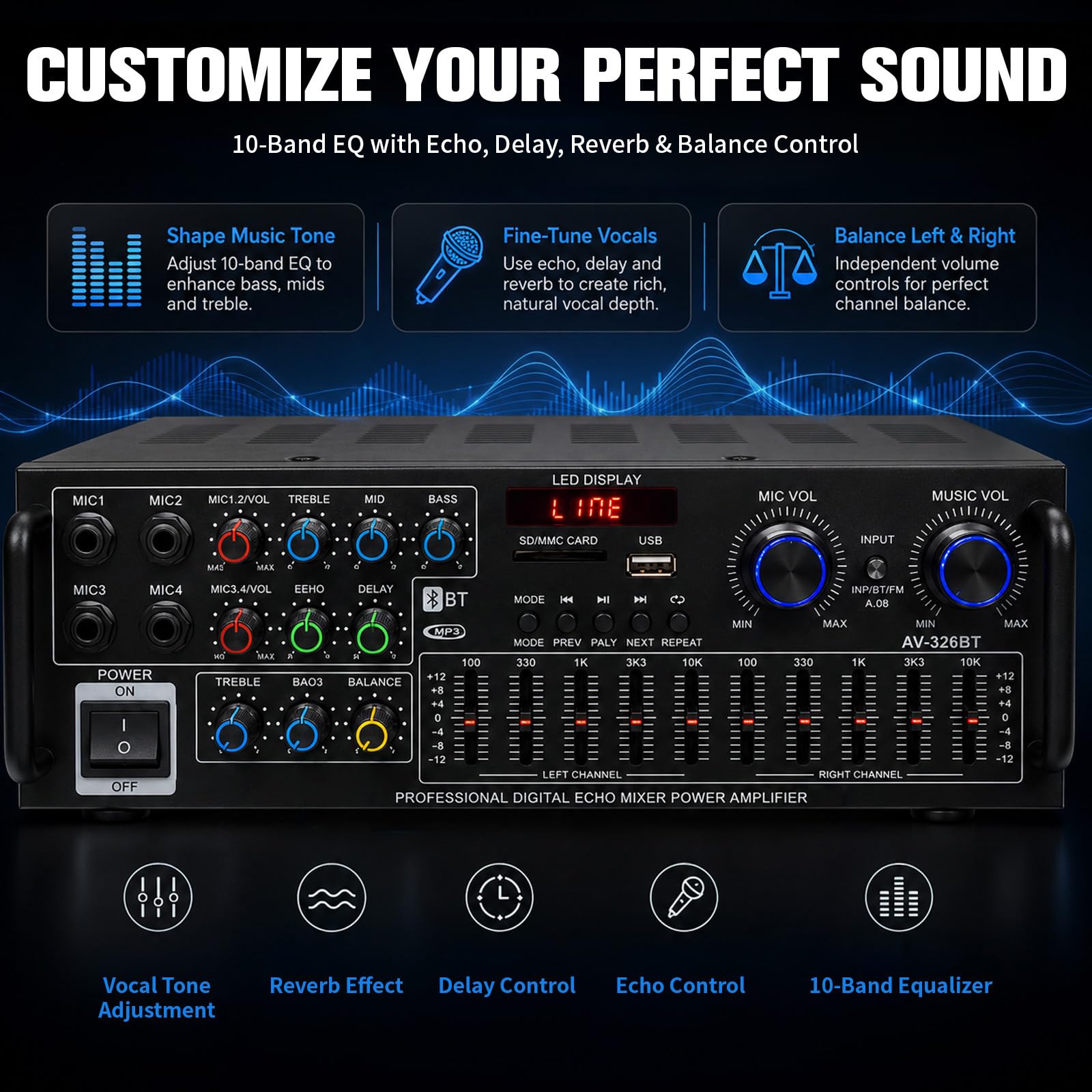 Amplificatore stereo HiFi da 2000 W, subwoofer Home Theater, amplificatore con Bluetooth 5.4, ricevitore audio FM, USB, SD, AUX, karaoke, mixer equalizzatore a 10 bande, 4 ingressi microfono, uscita