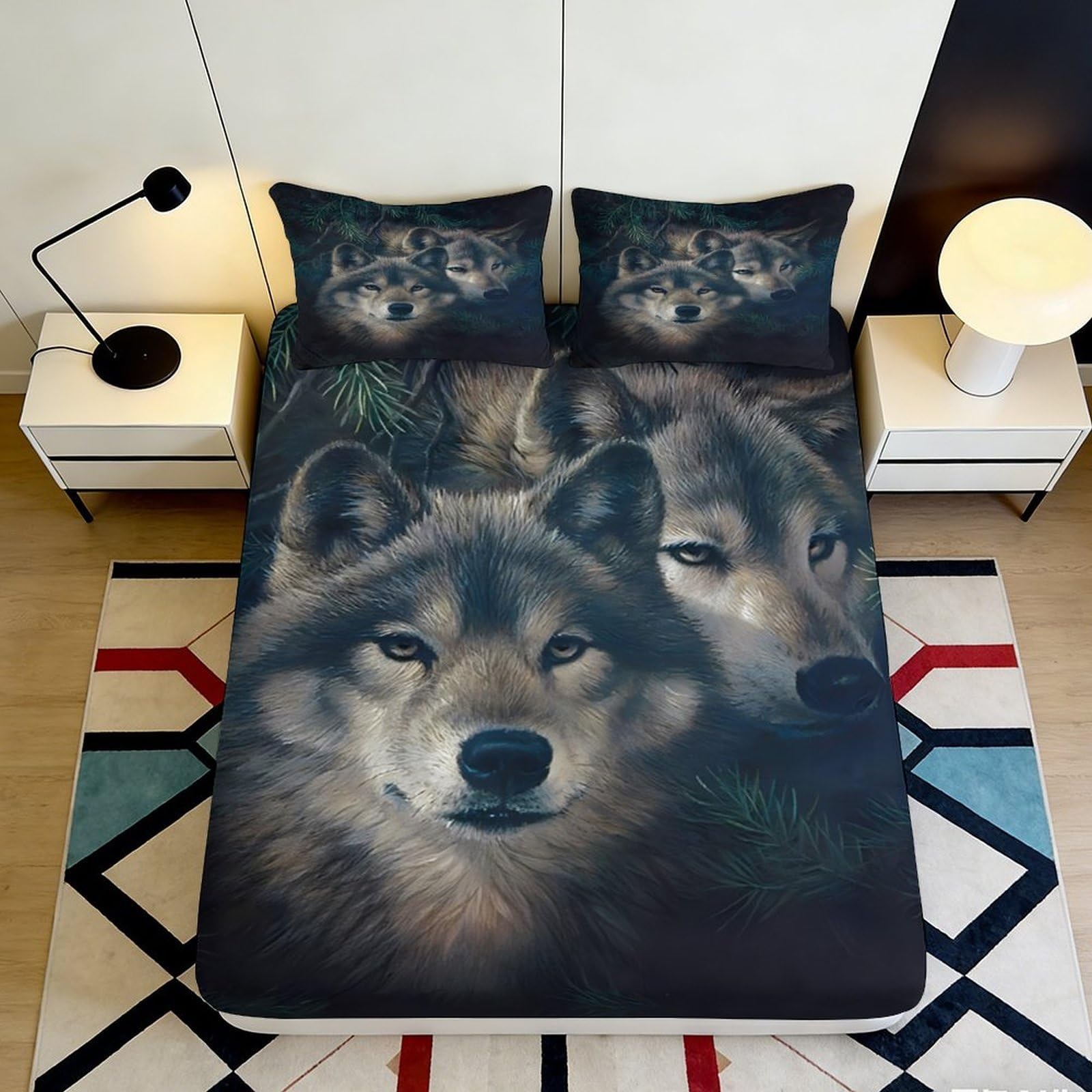 Uynsixtme Style-8 3D Printed Wolf Pattern Fitted Sheet Microfiber Non-Slip Deep Pocket Bedroom Bedding Wolf Mattress Fitted Cover 90X200x25cm