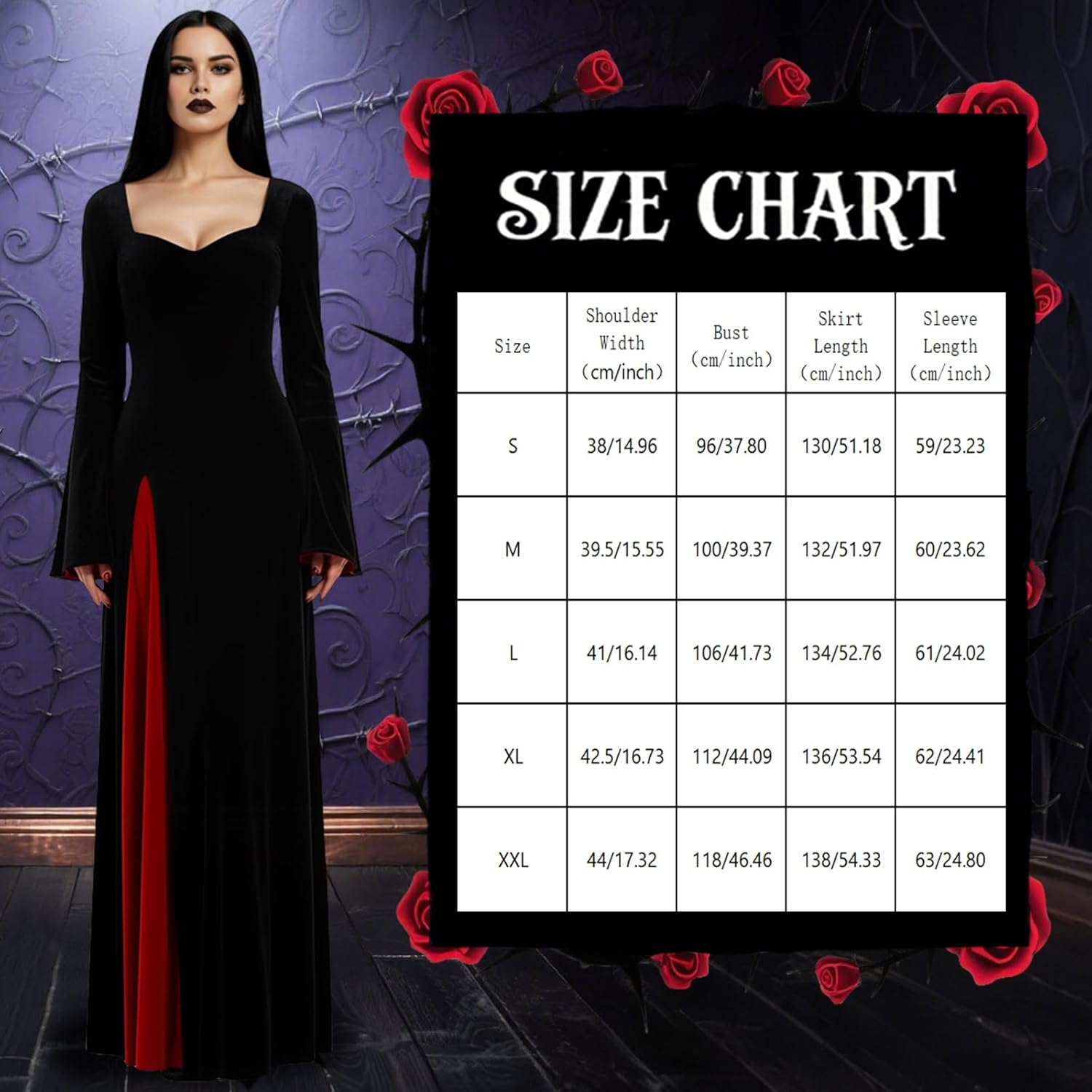 Halloween Costume Women, Black Gothic Maxi Gown, Long Sleeve Black Dress for Halloween Vampire Witch Cosplay Outfit (XX-Large) - Image 2