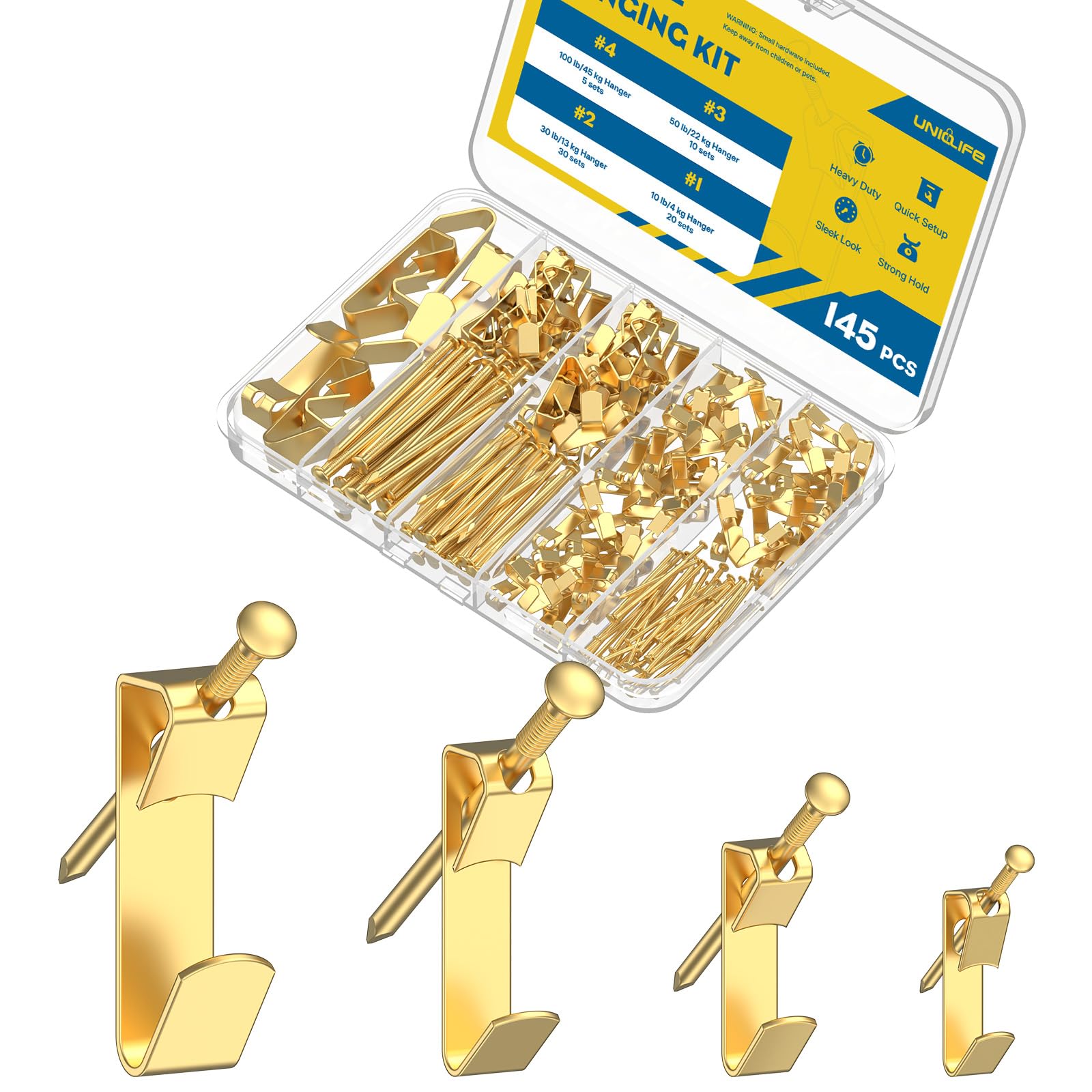 Uniclife 145 Pcs Picture Hanging Kit, 4 kg, 13 kg, 22 kg, 45 kg Heavy Duty Picture Hangers for Drywall & Wood, Picture Hanging Hooks, Frame Hooks for Hanging Photos Mirrors Paintings — image 1