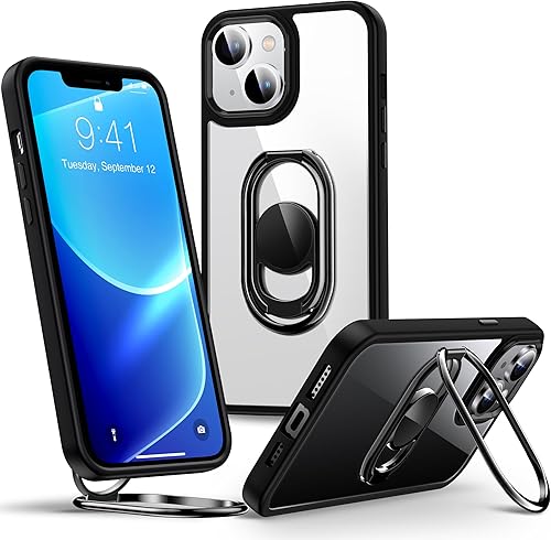 Shields Up Funda para iPhone 13 con soporte, funda transparente con soporte de doble anillo ajustable y plegable a prueba de golpes para iPhone 13