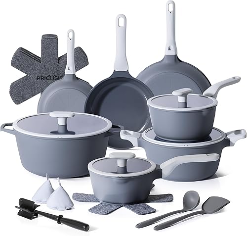 Miniatura 12 de PRICUSIS Juego de ollas y sartenes antiadherentes, 9 piezas de utensilios de cocina antiadherentes de cerámica no tóxica, sartén saludable para Gris