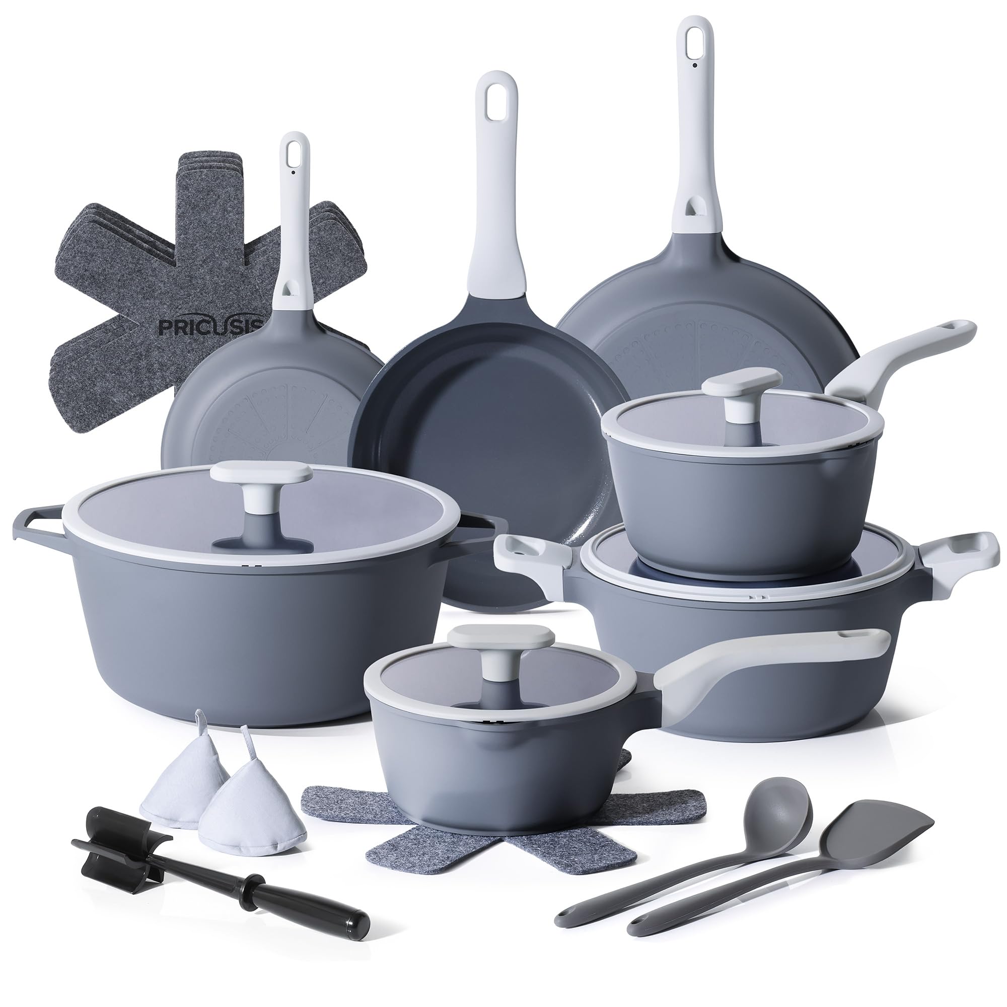 PRICUSIS 21 Piece Ceramic Cookware Set in Blueberry Gray