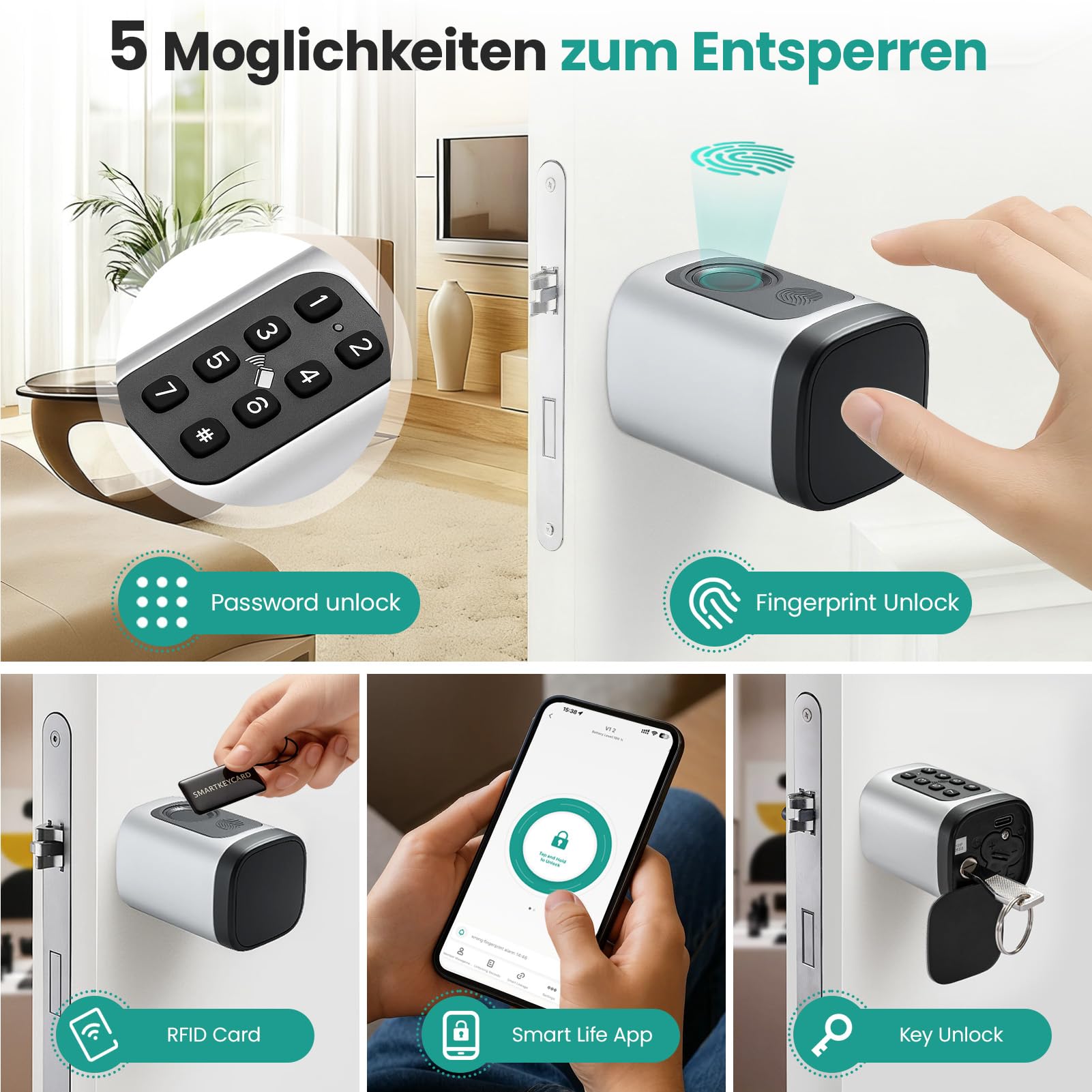 Smartes Türschloss mit Fingerabdruck, Passwort & RFID, Elektronischer Schließzylinder 60–90 mm, APP & Schlüssel, Smart Lock für Haustür/Wohnung/Büro, Kompatibel mit EU-Standardzylinder
