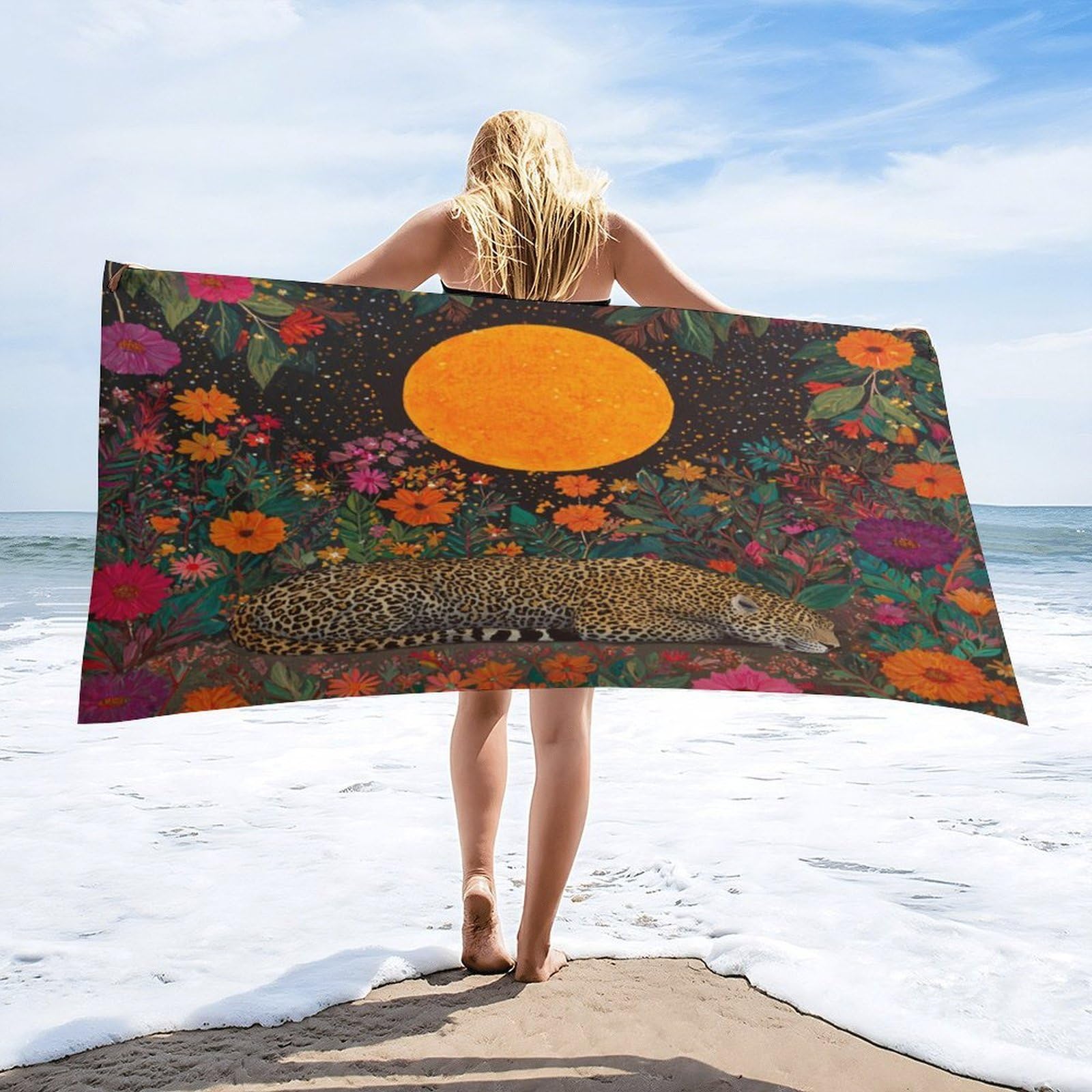 Luyysky Rustic Ethnic Animal Cheetah Quick-Drying Beach Towel, Beautiful Realistic Full Moon Wildlife Leopard Botanical Flowers Travel Vacation Single Sided Pile Bathroom Towels-80 W Cm X 160" L Cm