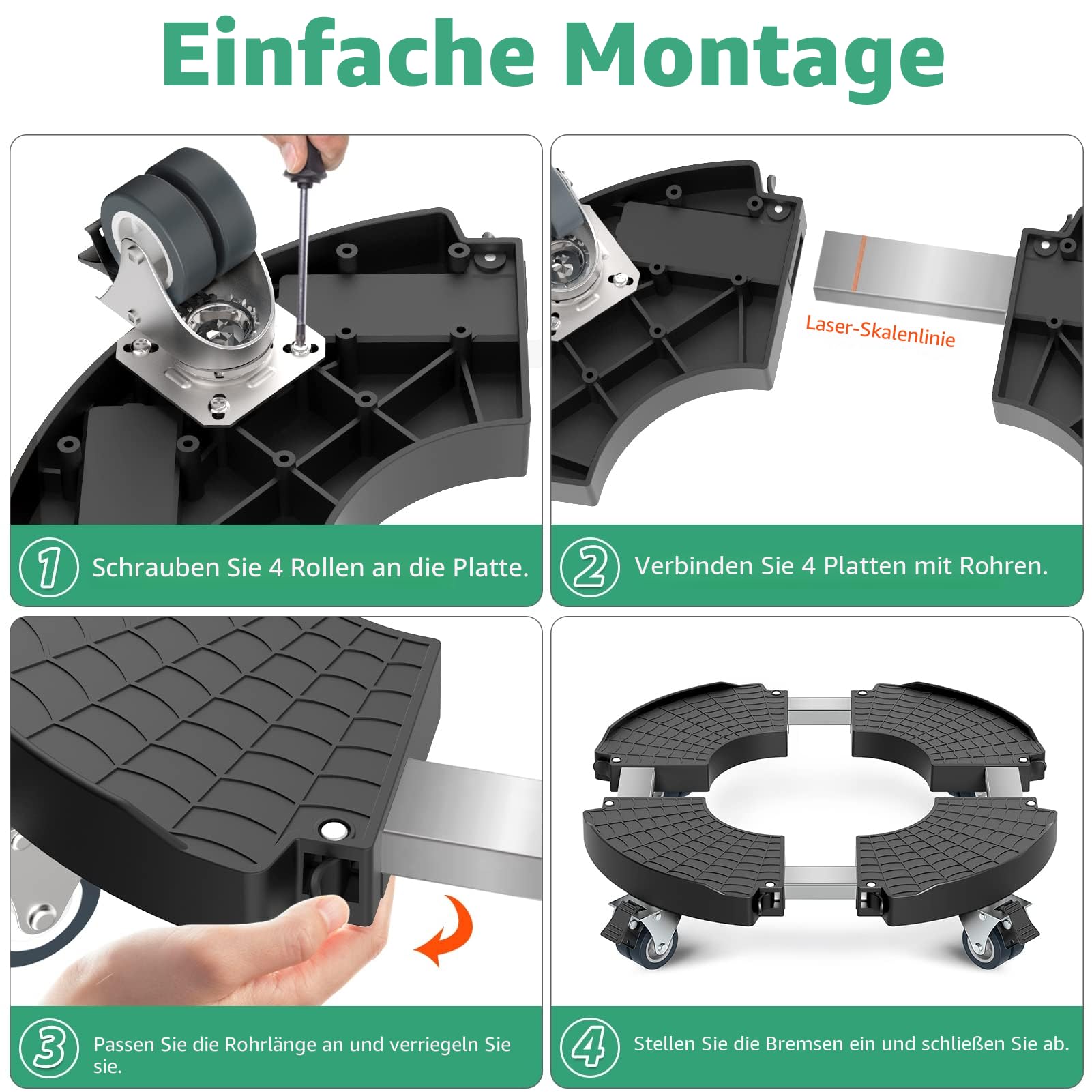 Yeabett Pflanzenroller, Blumentopf Untersetzer mit Rollen 38-56cm Verstellbar, 200 kg Tragkraft, Feststellbare BlumentopfräDer für GroßE PflanzgefäßE im Innen- und AußEnbereich, Schwarz, 1 Packung