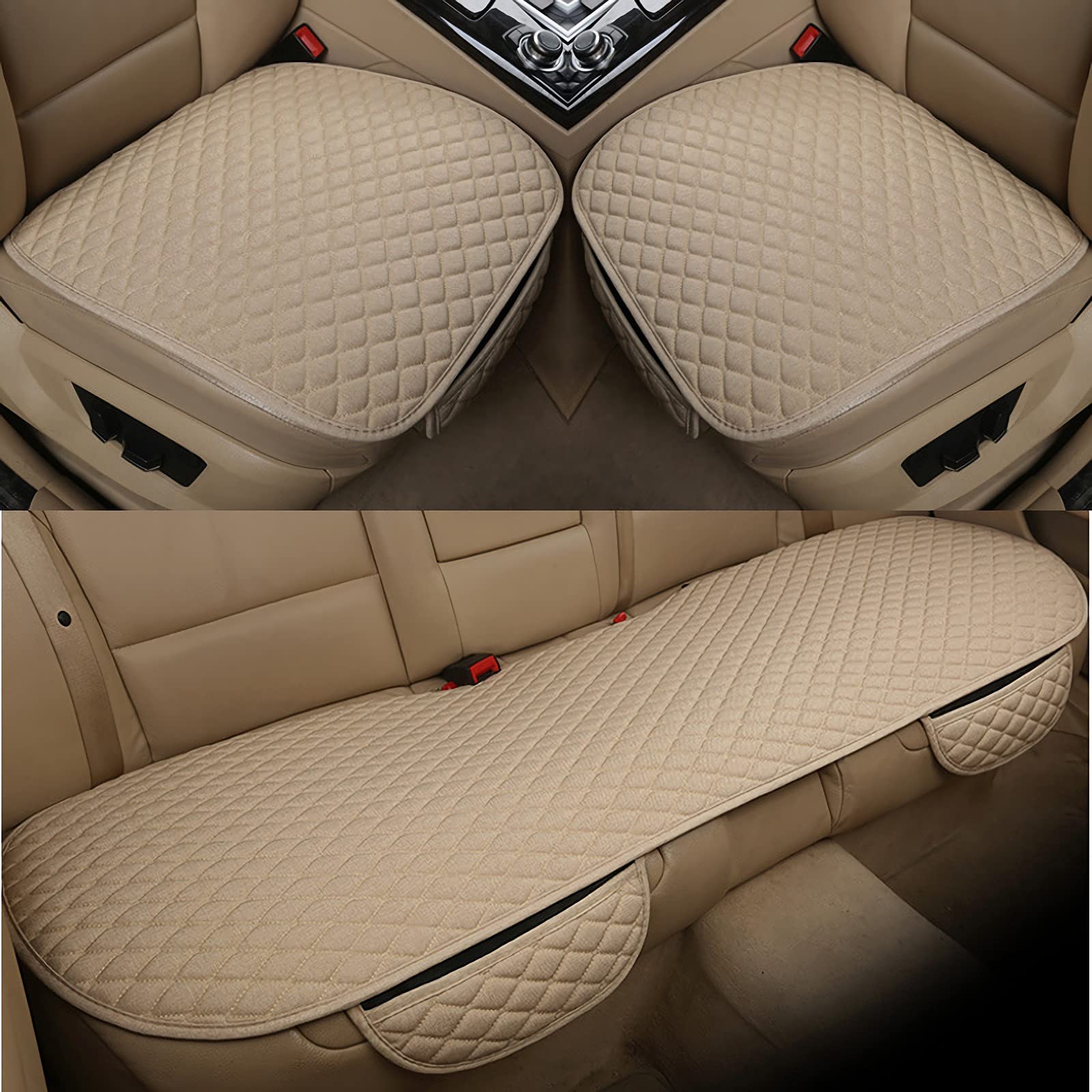 Juego completo de fundas protectoras para asientos delanteros y traseros de coche, tela de lino, tamaño universal (delantero + trasero), 3 piezas, beige)