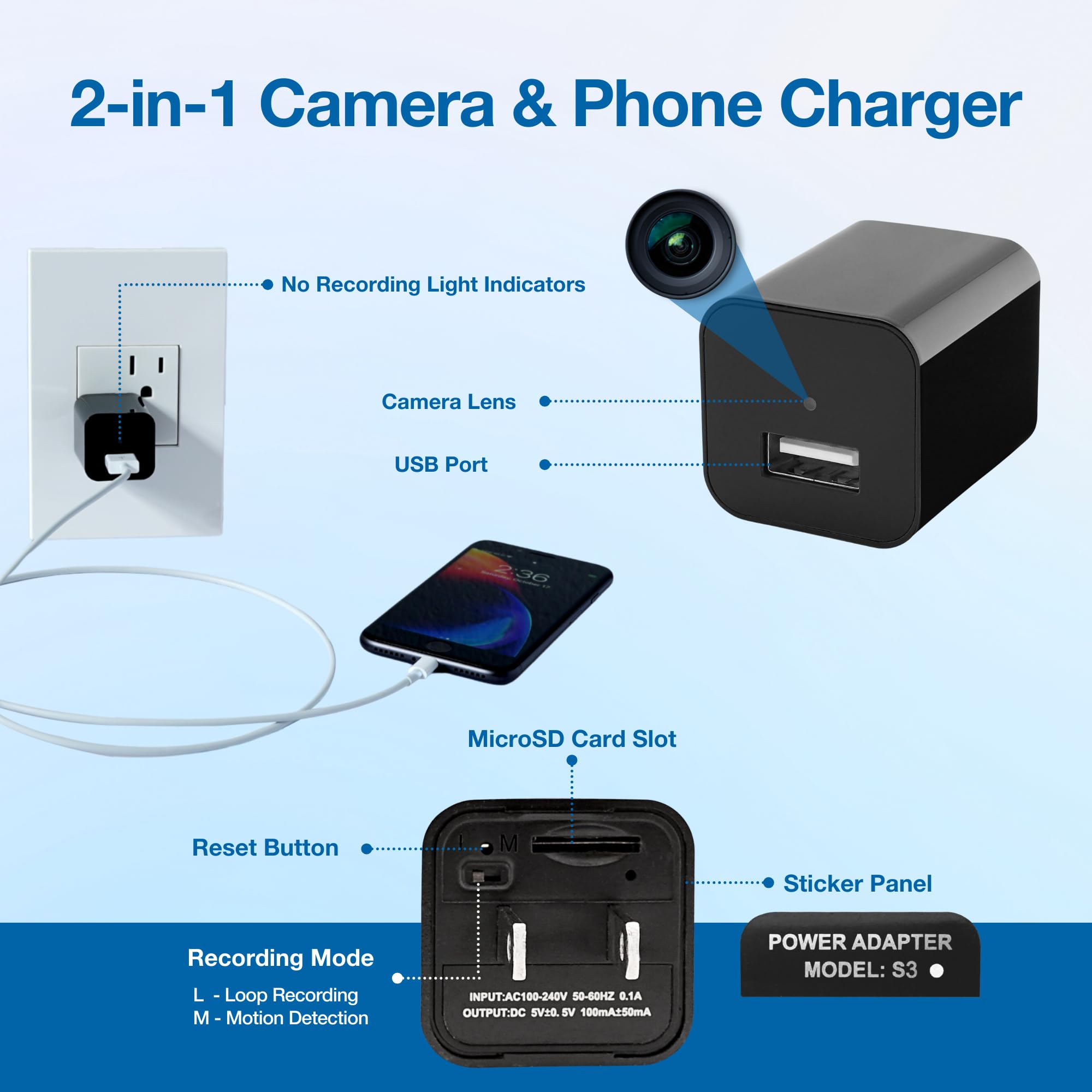 Asani Mini cámara de vigilancia enchufable, cámara de niñera y mascota, sin grabación de audio, solo graba video, seguridad para el hogar y la oficina con ranura para tarjeta micro SD, detección de
