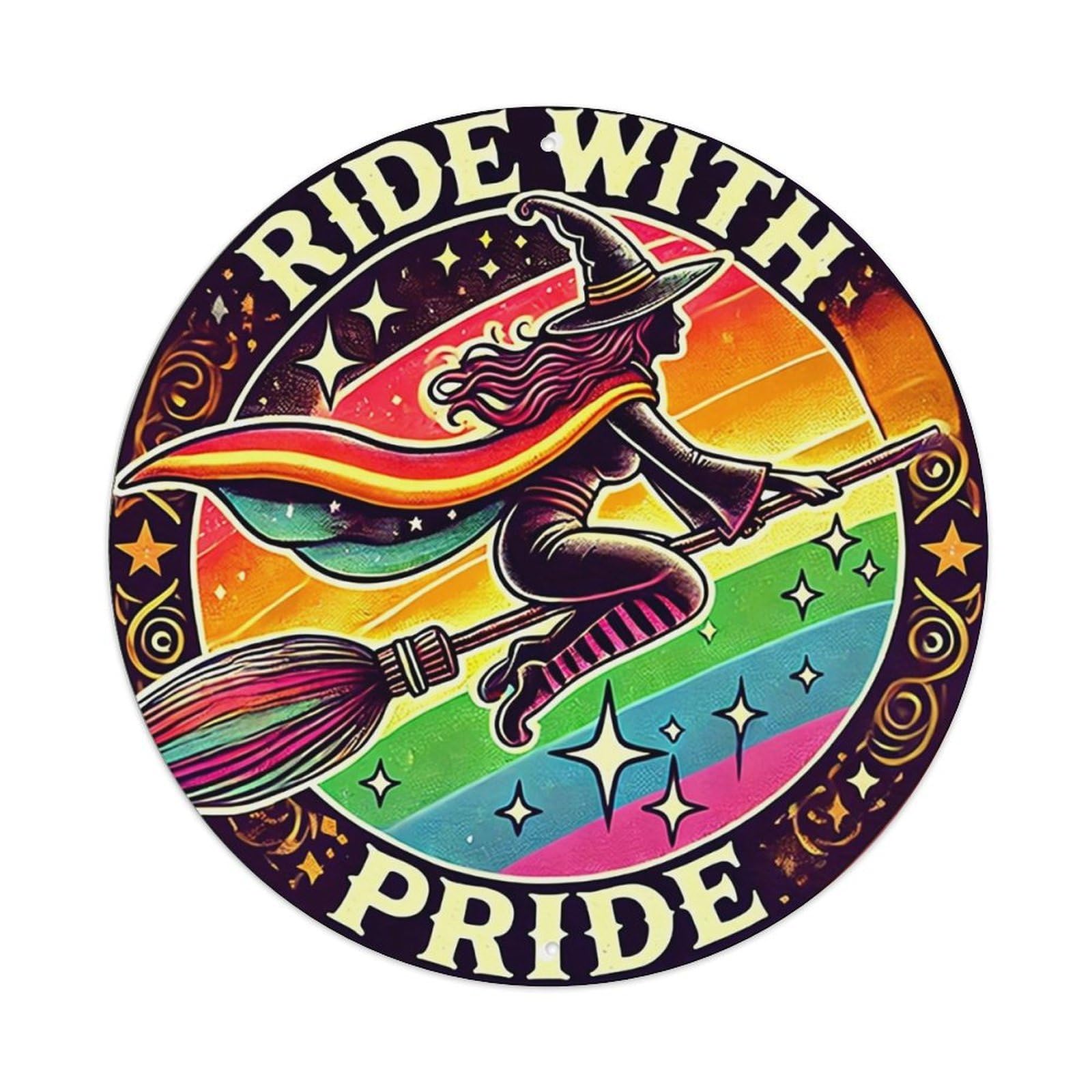 Witch Riding Broomstick Rainbow Pride Retro Metal Tin Sign, Vintage Metal Poster for home, Gaming Room, Studio Workshop,Bar,Garage Wall Art Decor 8x8 inch