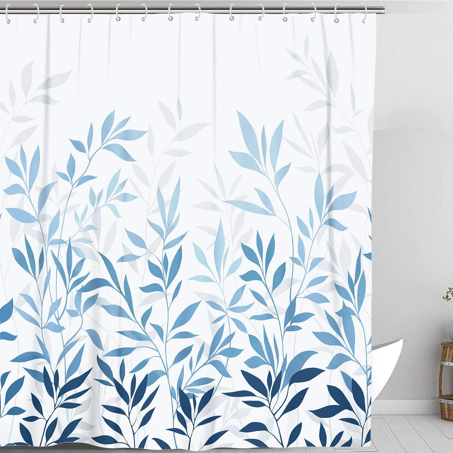 Haibimen Floral Shower Curtain, Fabric Shower Curtains for Bathroom, Plant Leaves Shower Curtain Sets with 12 Hooks (Blue)
