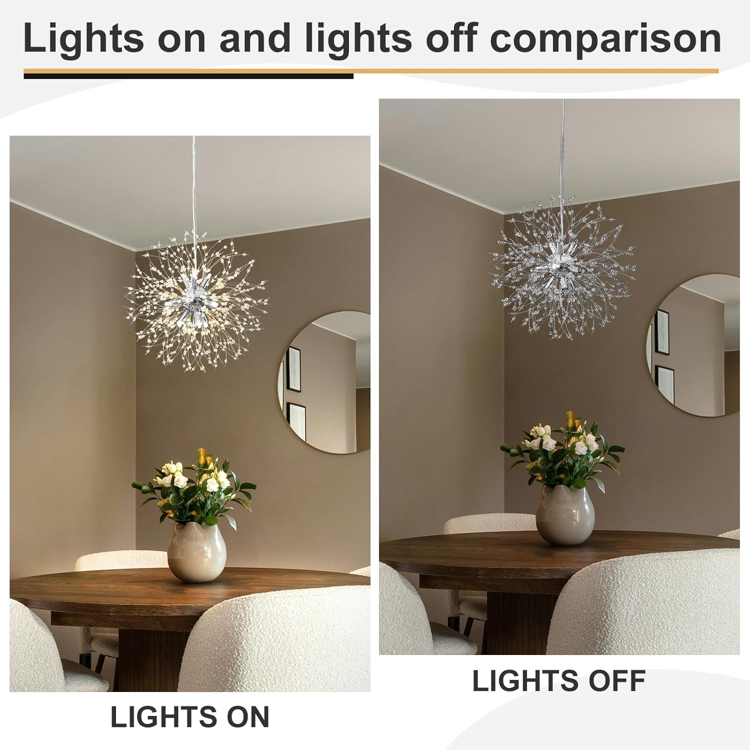 Vikaey Modern Dandelion Firework Chandelier, Chrome Bathroom Chandelier, Crystal Hanging Pendant Lighting Fixture for Dining Room, Bedroom, Entryway, Foyer, 9-Light