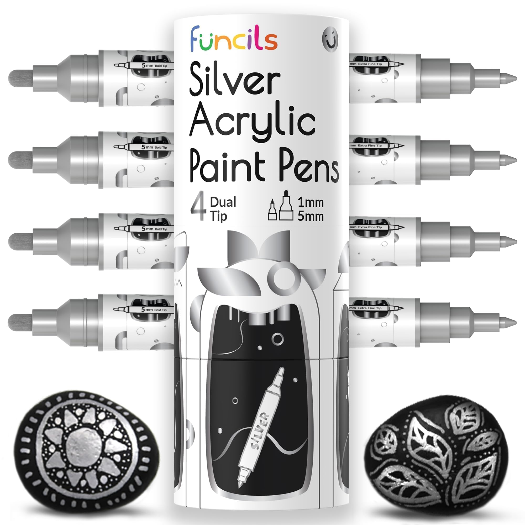 Funcils 4 rotuladores acrílicos Plata para piedras, vidrio, madera y lienzo - Marcadores Doble punta con punta de 1mm,5mm. Los bolígrafos acrílicos son ideales para adultos y niños.