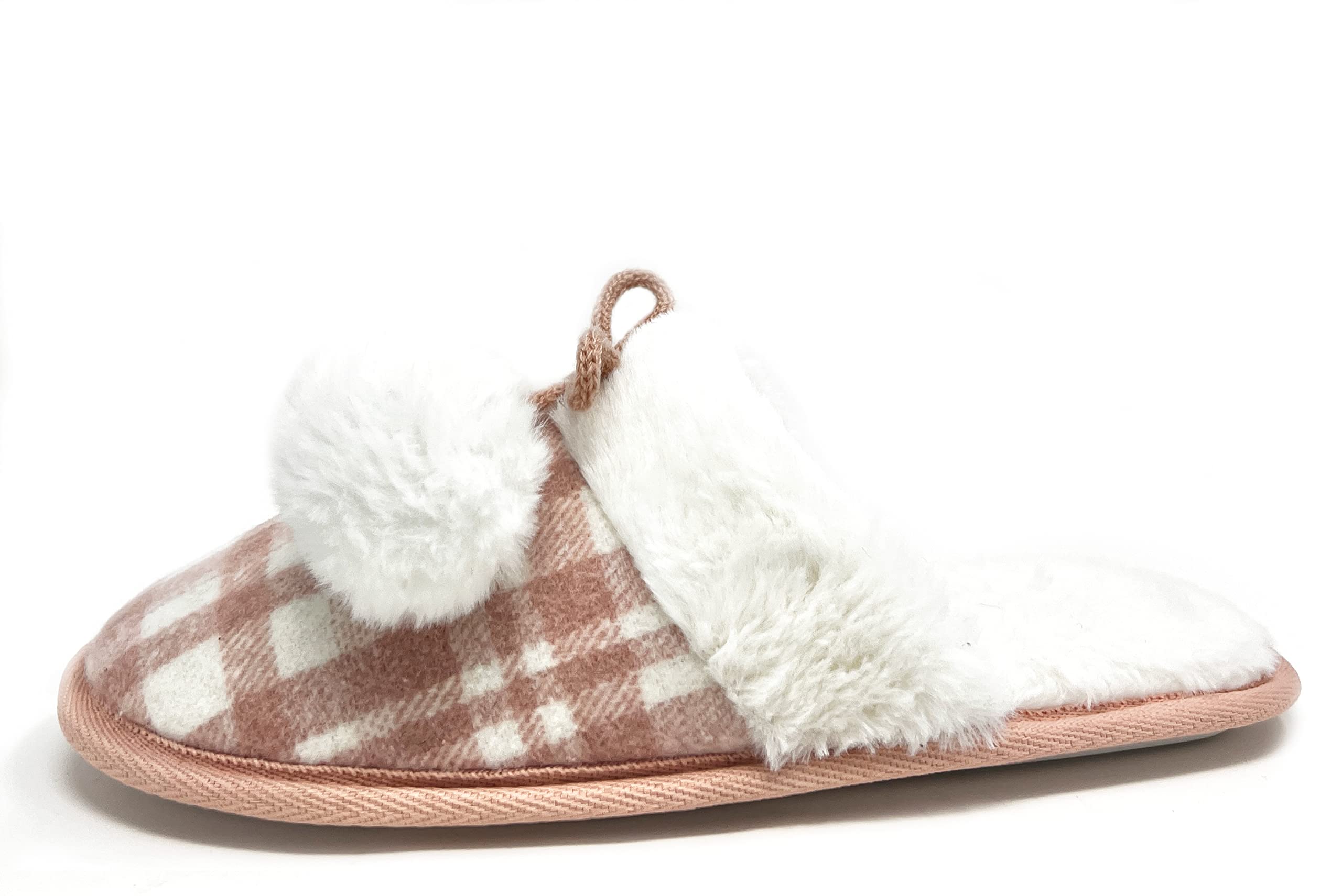GARYM Women's Comfortable Plaid Print Indoor Slipper, Faux Fur Plush Lined with Non-Slip Noiseless Rubber Outsole