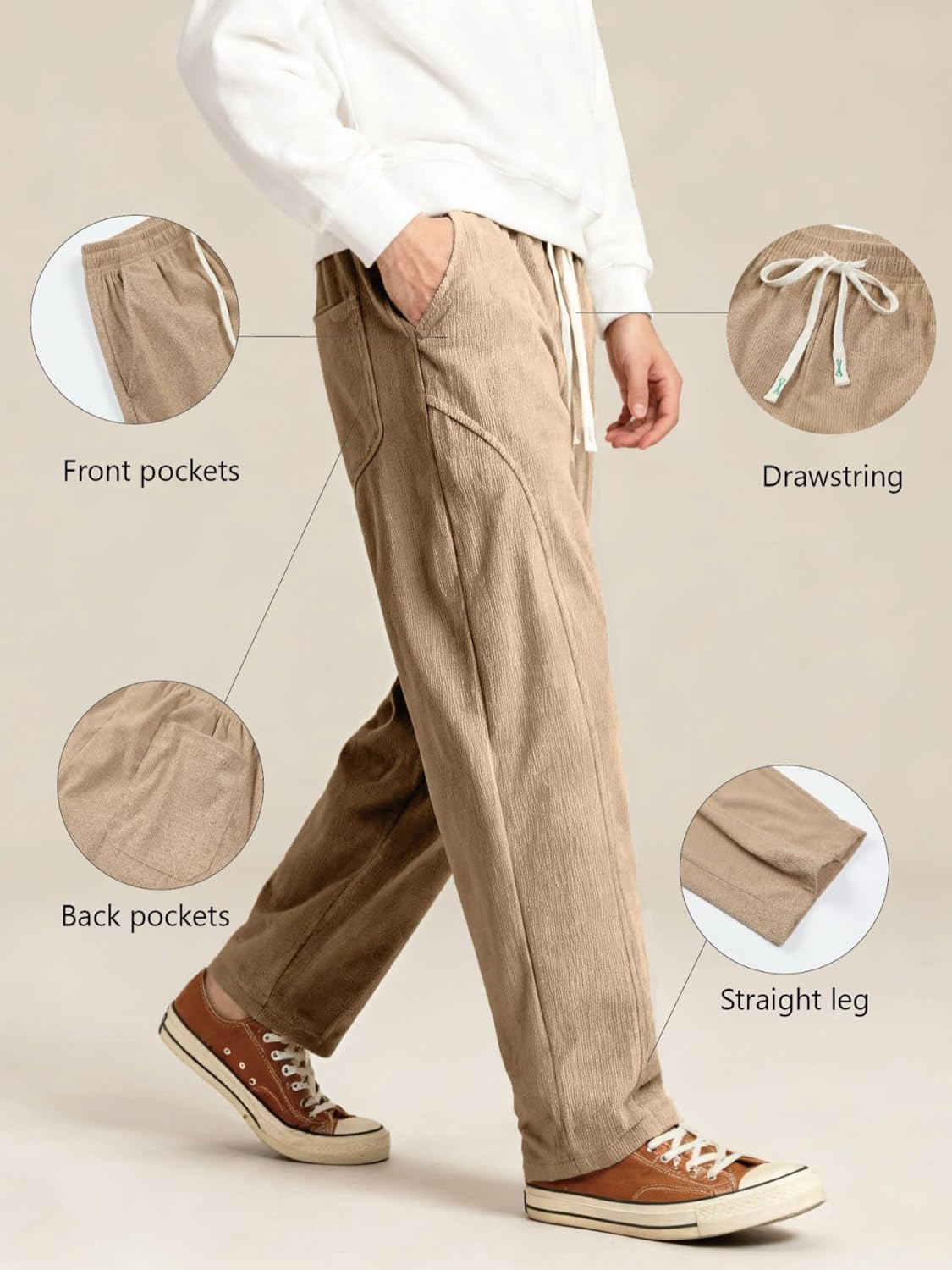 Men's Corduroy Wide Leg Fashion Casual Pants Loose Fit Baggy Straight Sweatpants Elastic Waist Drawstring - Image 4