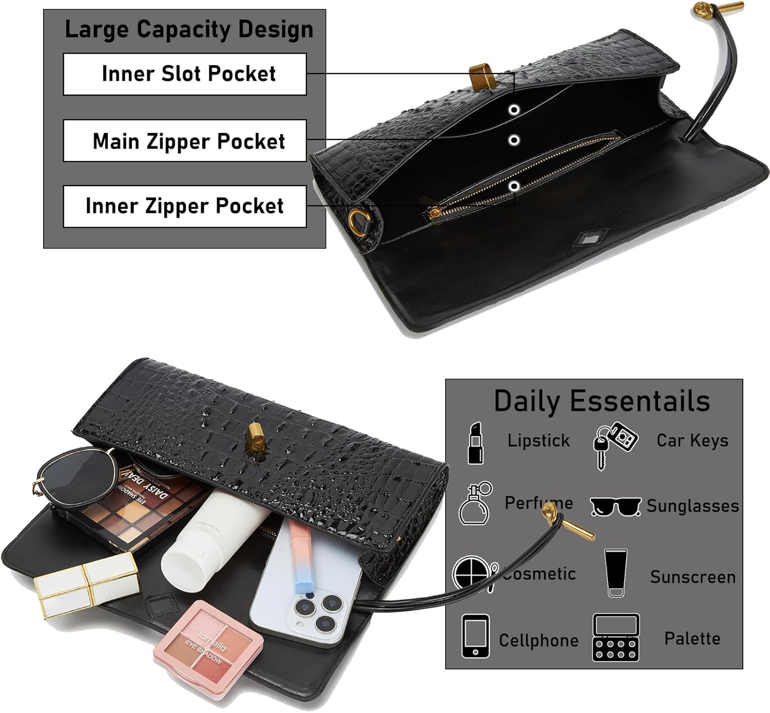 Trendy Women Crocodile Evening Clutch Purse Crossbody Shoulder Handbag Cute Vegan Leather Satchels - Image 5