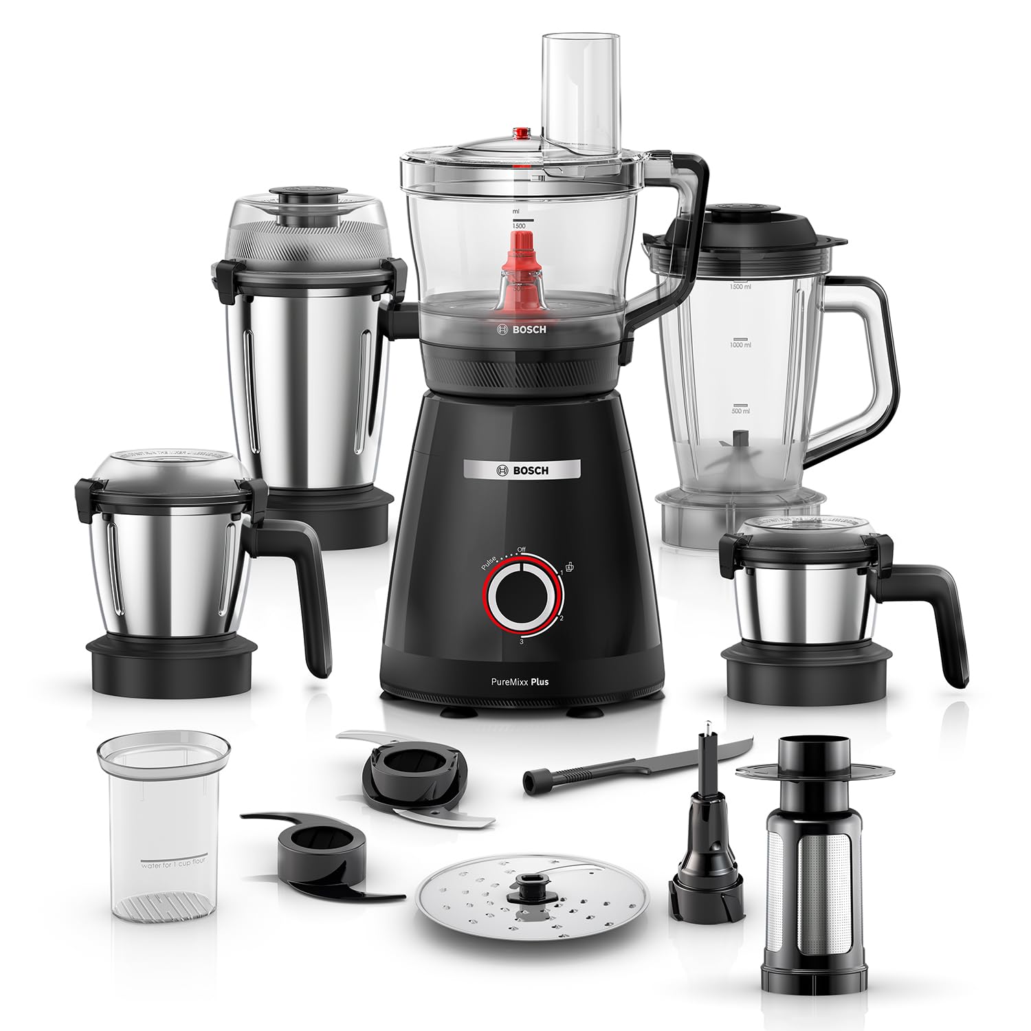 Bosch PureMixx Plus 800W Powerful Mixer Grinder with Food Processor | 5 Jars | 40+ Functions | Atta Kneading, Chopping, Wet & Dry Grinding | Hands Free Operation | 7 Year Motor Warranty (MP8515A1KI)-image-2