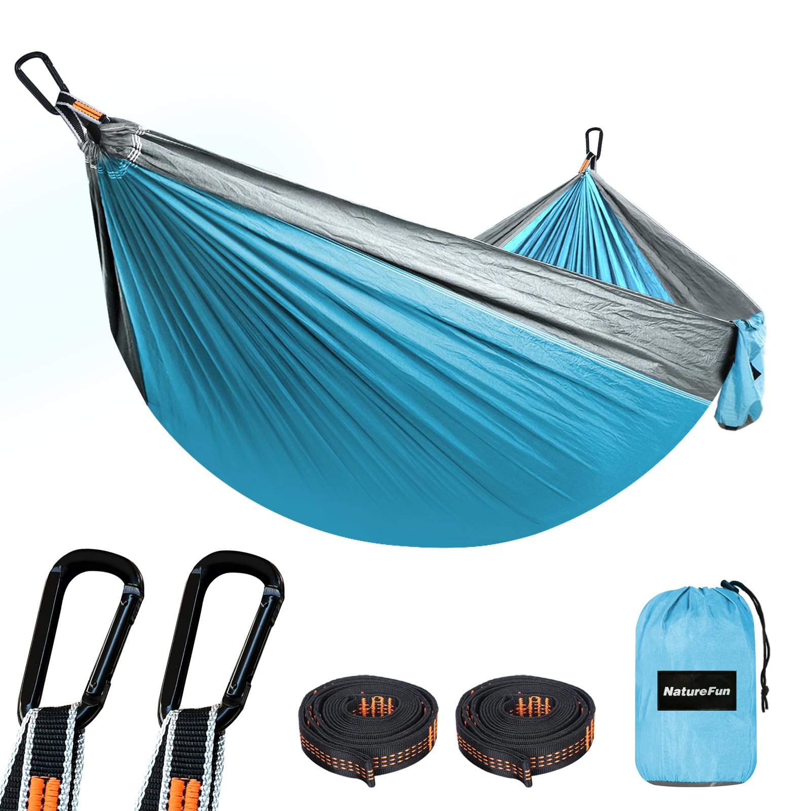 NATUREFUN Ultra-Light Travel Camping Hammock | 300kg Load Capacity,(275 x 140 cm) Breathable,Quick-Drying Parachute Nylon | 2 x Premium Carabiners,2 x Nylon Slings Included
