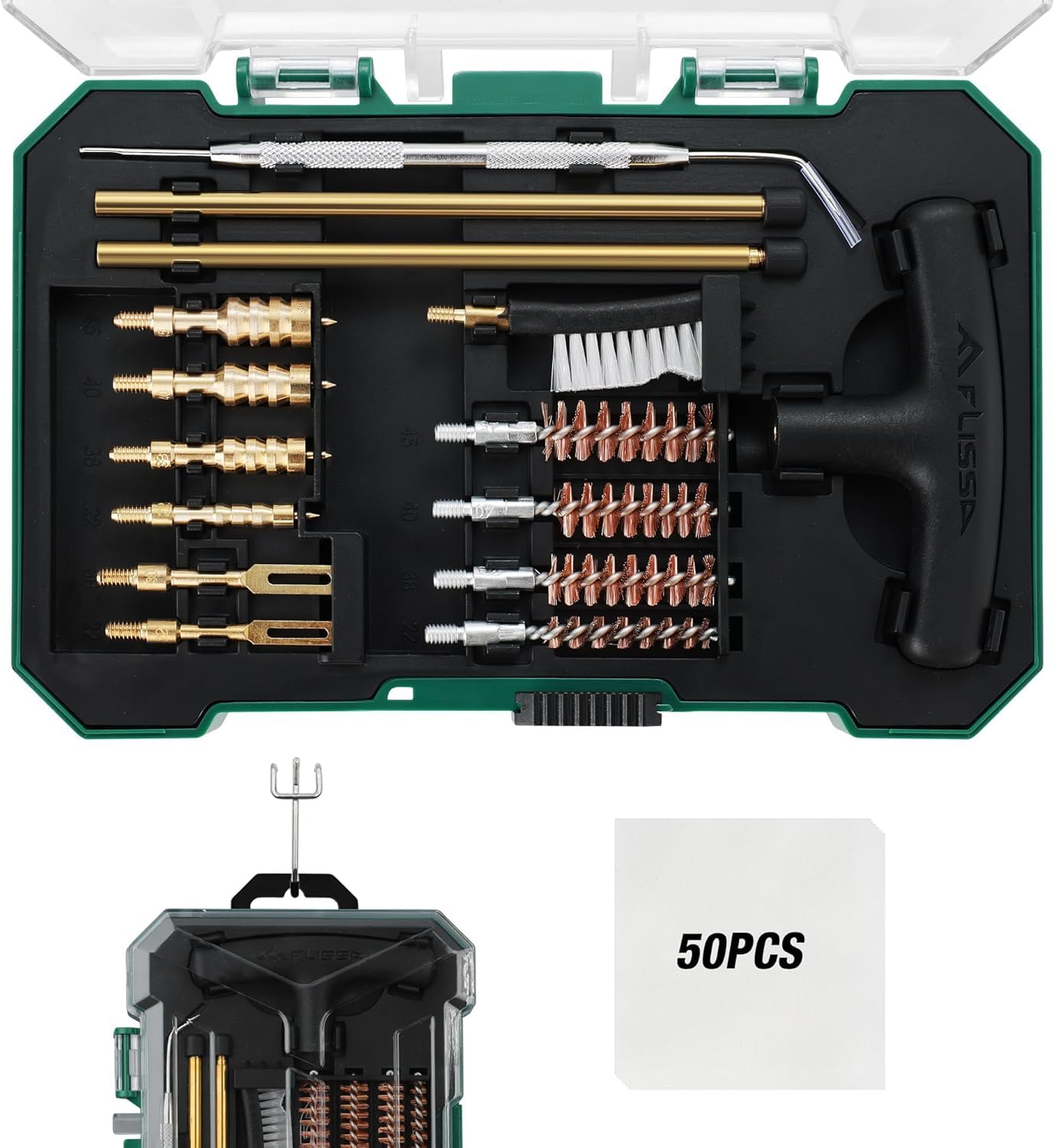 FLISSA Universal Handgun Cleaning Kit, 16 Piece Gun Cleaning Kit with Cleaning Rod, Bore Brushes, Gun Cleaning Jags and Cleaning Patches, for Pistol and Handguns, Portable Case Included