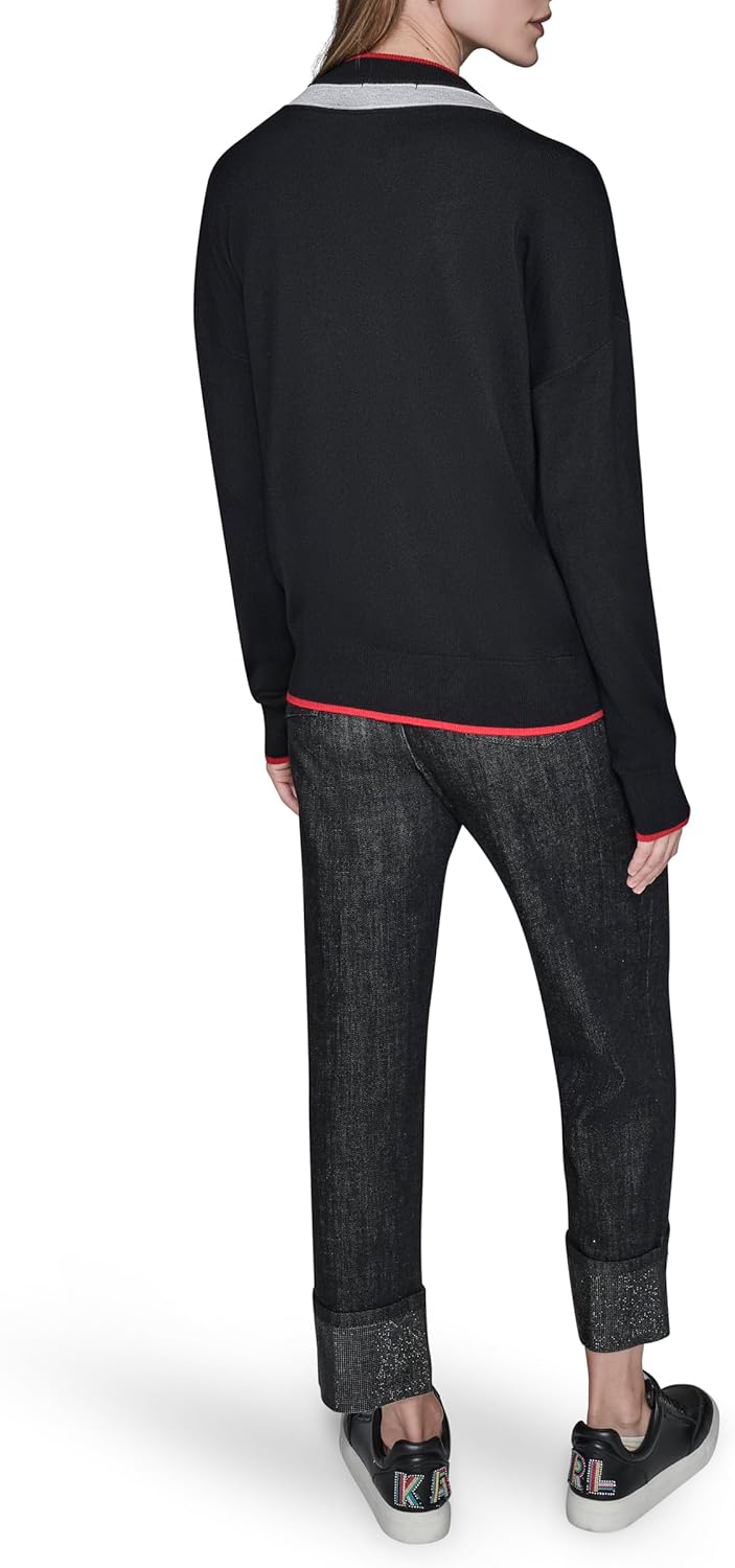 Karl Lagerfeld Women's Long Sleeve V-Neck Logo Tape Sweater