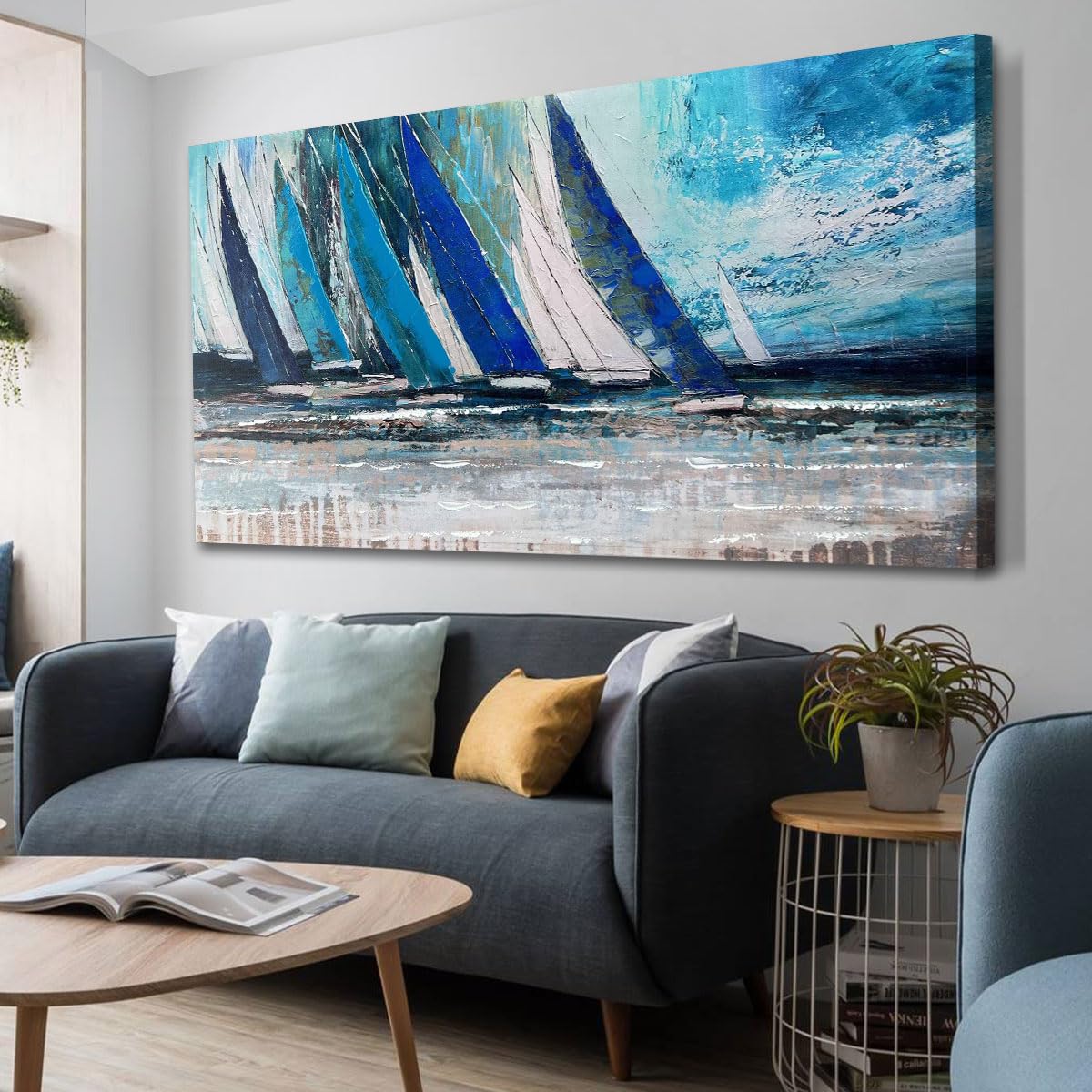 Canvas Wall Art Abstract Blue Ocean Sailboat Picture Modern