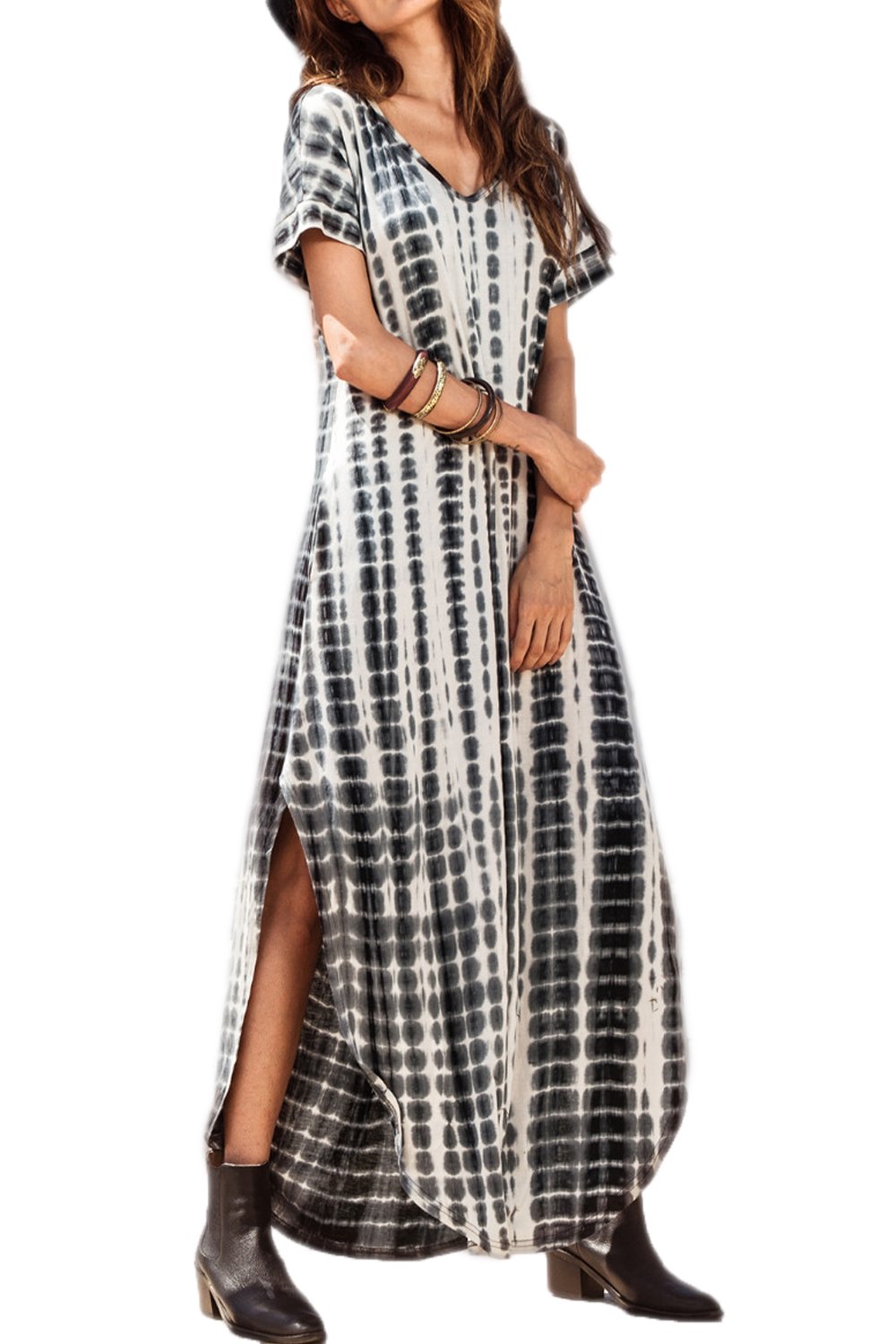 Zilcremo Damen Strandkleid Bohemian Lang Kleid Sommerkleid Kurze Ärmel Boho Kleider Maxikleid