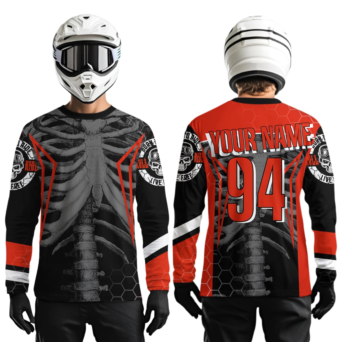 PIONAMZIOZ Custom Racing Jersey UPF30+ Cool Bone Motorcycle Motocross Shirt Off-Road Youth & Adult (Red)