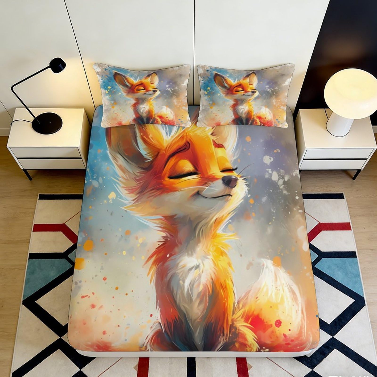 3D Printed Fox Art Fitted Sheet Microfiber Vibrant Orange Cartoon Animal Mattress Cover for Bedroom Dorm Decor 120x200x25cm