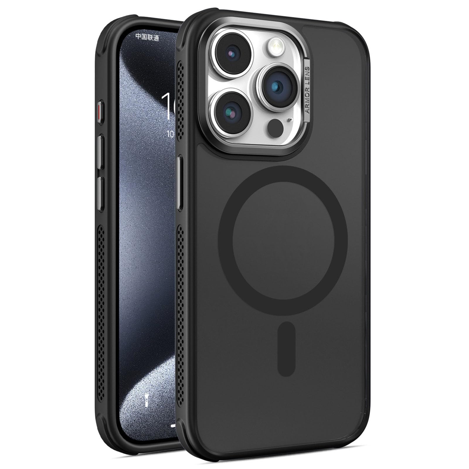 Magnetische Hülle für iPhone 16 Pro Max/16 Pro/16 Plus/16, Metall Button Handyhülle Support Kabelloses Laden rutschfest Schutzhülle,Schwarz,16