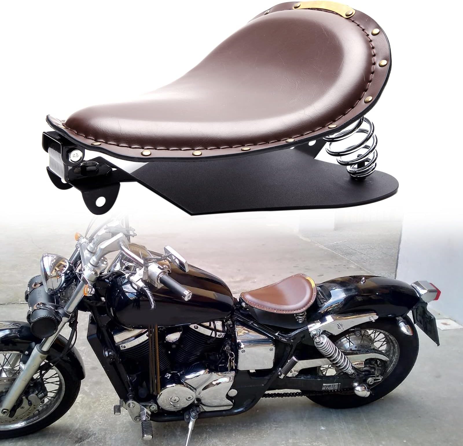 Brown 3 Inch Motorcycle Rivet Solo Seat Spring With Pan Plate 3 Inch Mount Kit Compatible with Harley Davidson Chopper Bobber Sportster XL883 1200 48 Chopper