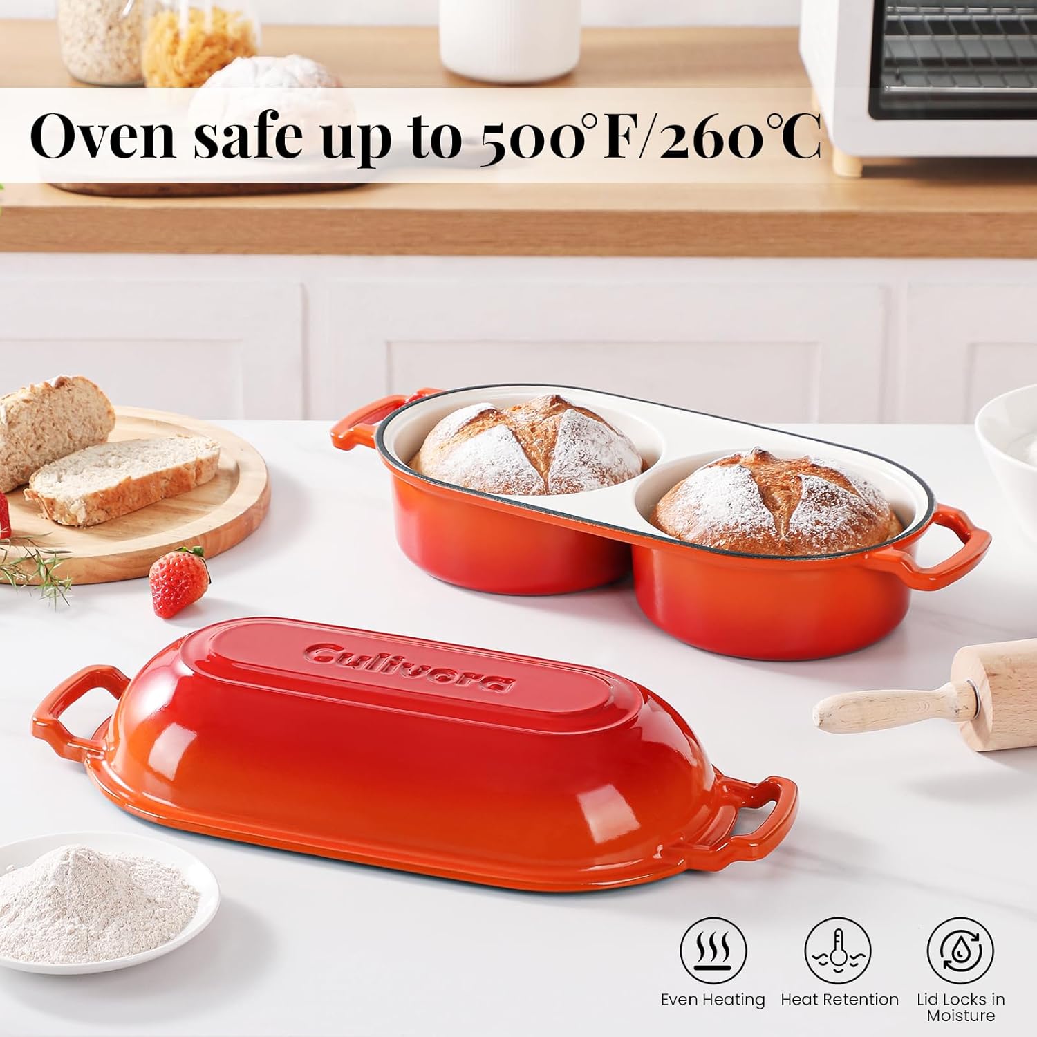 Cast Iron Bread Pan with Lid, Enamel Sourdough Baking Dutch Oven Pot, Double Round Loaf Space for Homemade, Bread, Cake, Meatloaf, 16.5cm Diameter, 500°F Oven Safe, Non Stick, Orange - Image 3