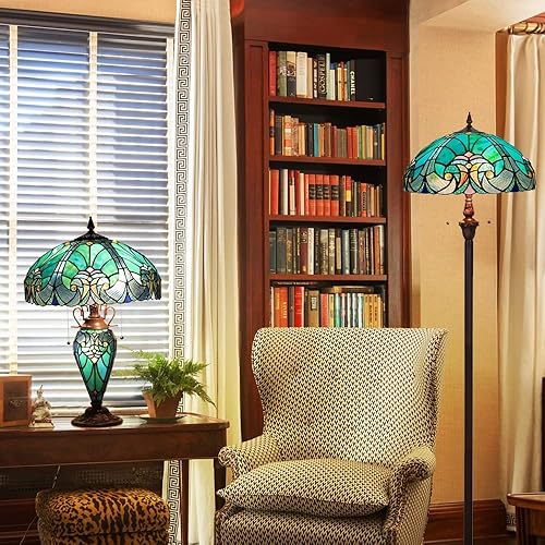 Miniatura 6 de Tiffany - Lámpara de mesa con luz nocturna de 16 pulgadas, luz de mesa grande de vitral, estilo victoriano, color verde mar, antiguo, lámpara de
