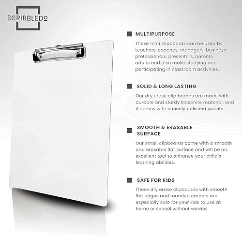 Miniatura 8 de SCRIBBLEDO Portapapeles de borrado en seco, duradero de doble cara, 9 x 12 pulgadas, color blanco con clip de perfil bajo, portapapeles blanco para