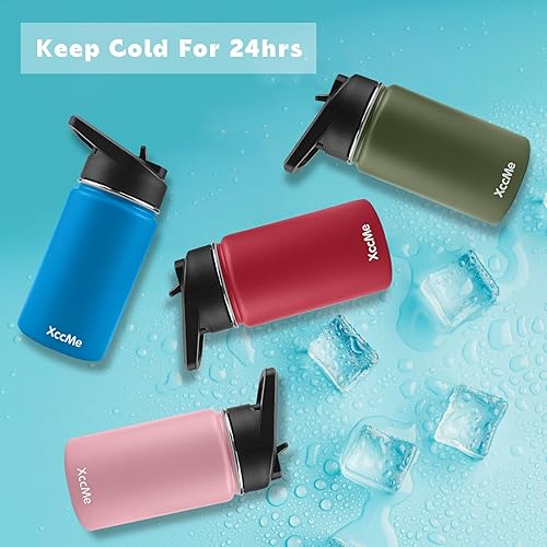 Miniatura 6 de Botella de agua de acero inoxidable para niños, botellas de agua de 12 onzas para niños y niñas, botella de agua de metal aislada con popote, 2