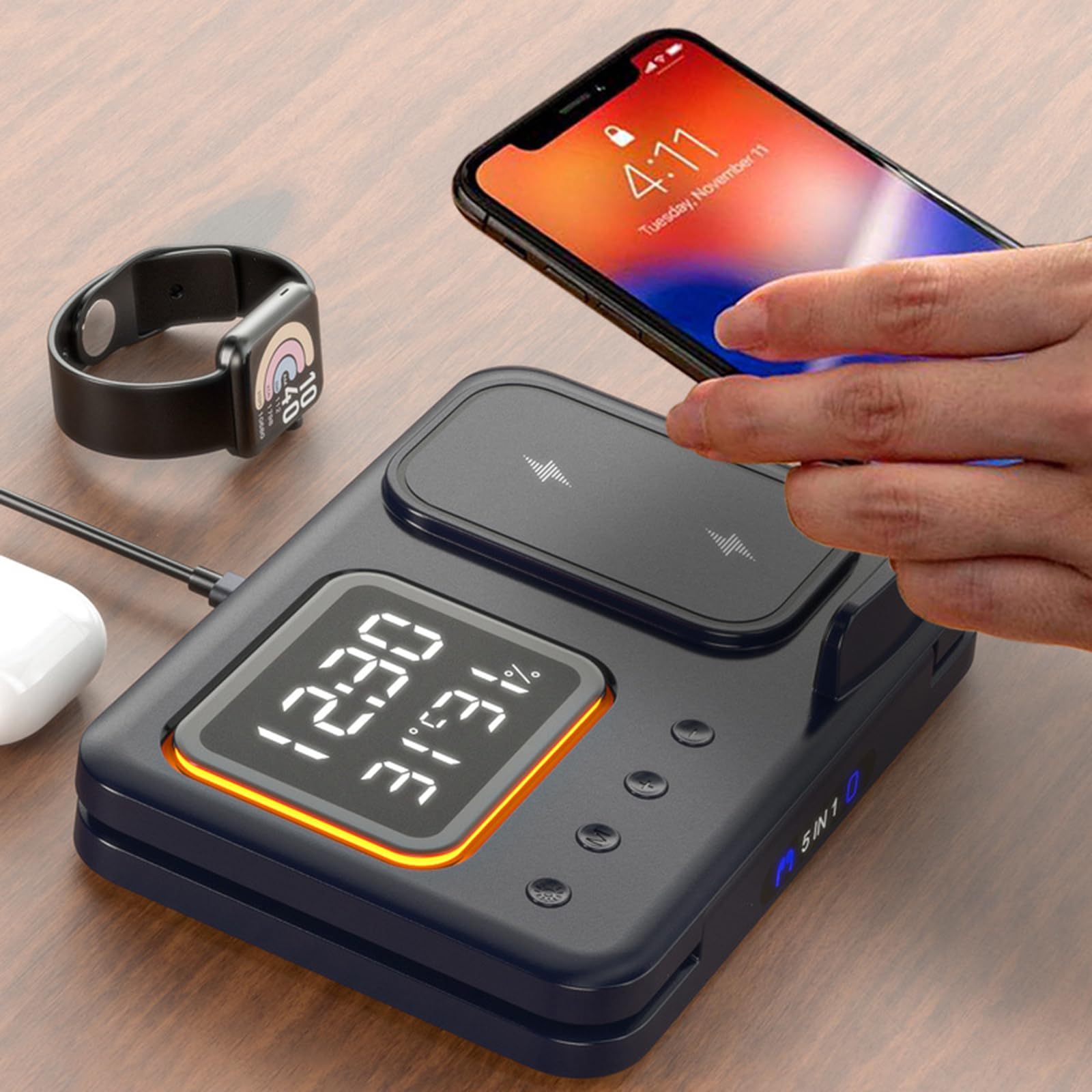 Stazione di ricarica compatta con orologio digitale luce notturna per comodino scrivania supporto telefono dispositivo orologio Bedlight