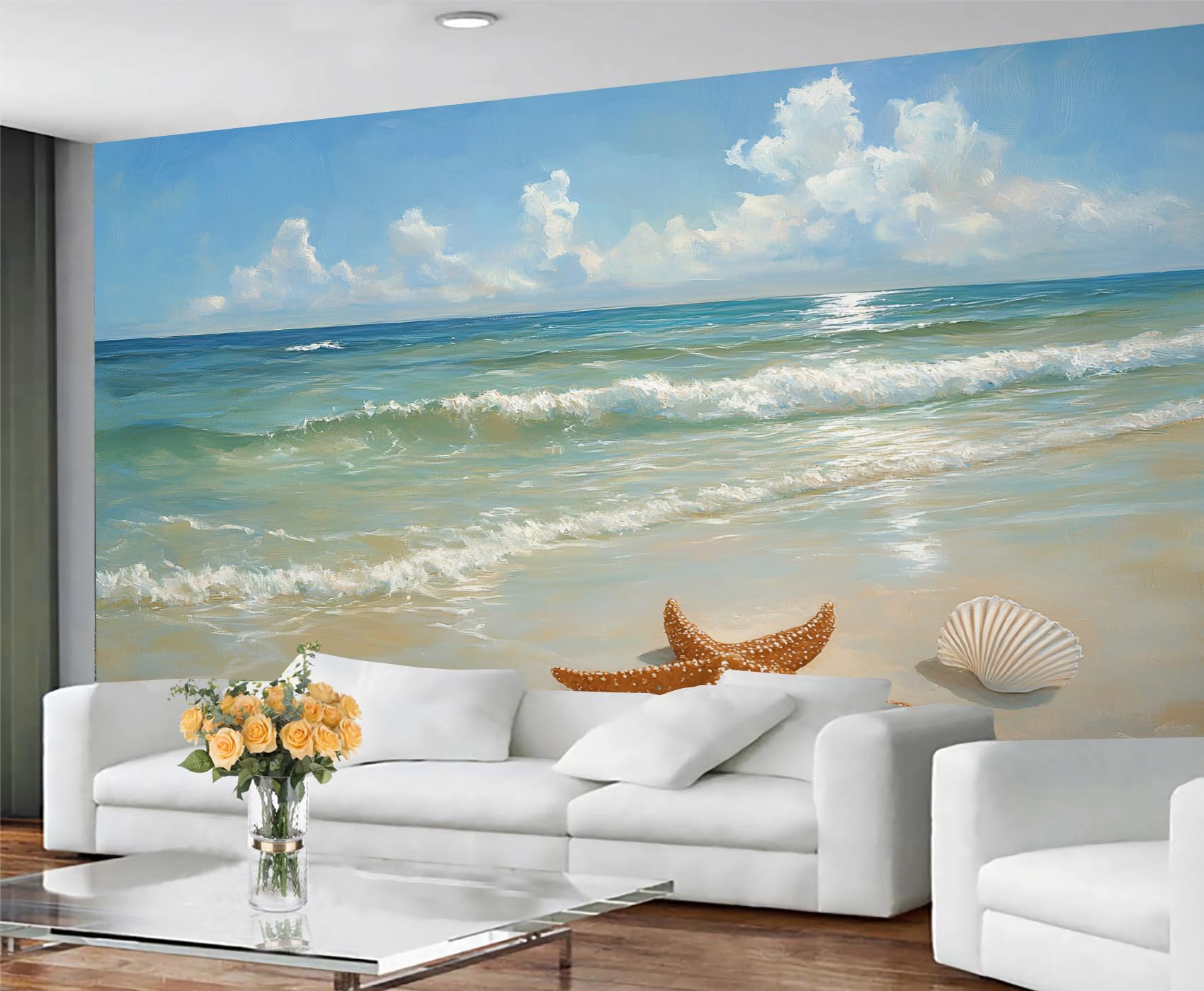 GIVLWF Beach Starfish Living Room Wallpaper - Ocean Mural & Wall Decor - Serene Coastal Wallpaper for Bedroom Non Self Adhesive Nautical Wall Paper & Mural