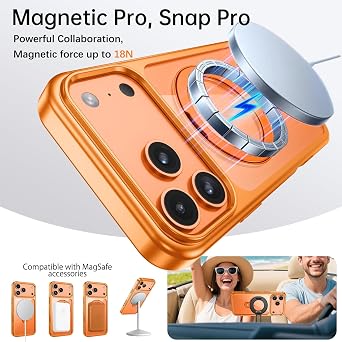 Telaso Case for iPhone 17 Pro Max, Compatible with Magsafe with 360 Rotatable Magnetic Stand, Transparent PC Back TPU Bumper Plating Bumper Electroplated iPhone 17 Pro Max Phone Case, Cosmic Orange