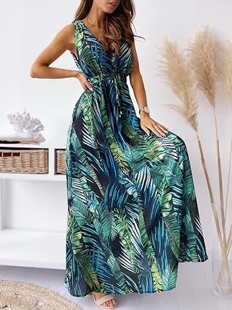 CheChury maxi damesjurk zomer, mouwloze V-hals jurk met bloemenprint, casual lange jurk, strandjurk boho stijl, jurk met diepe V-rug, luchtige flowy jurk, Zwart, XL CheChury maxi damesjurk zomer, mouwloze V-hals jurk met bloemenprint, casual lange jurk, strandjurk boho stijl, jurk met diepe V-rug, luchtige flowy jurk, Zwart, XL