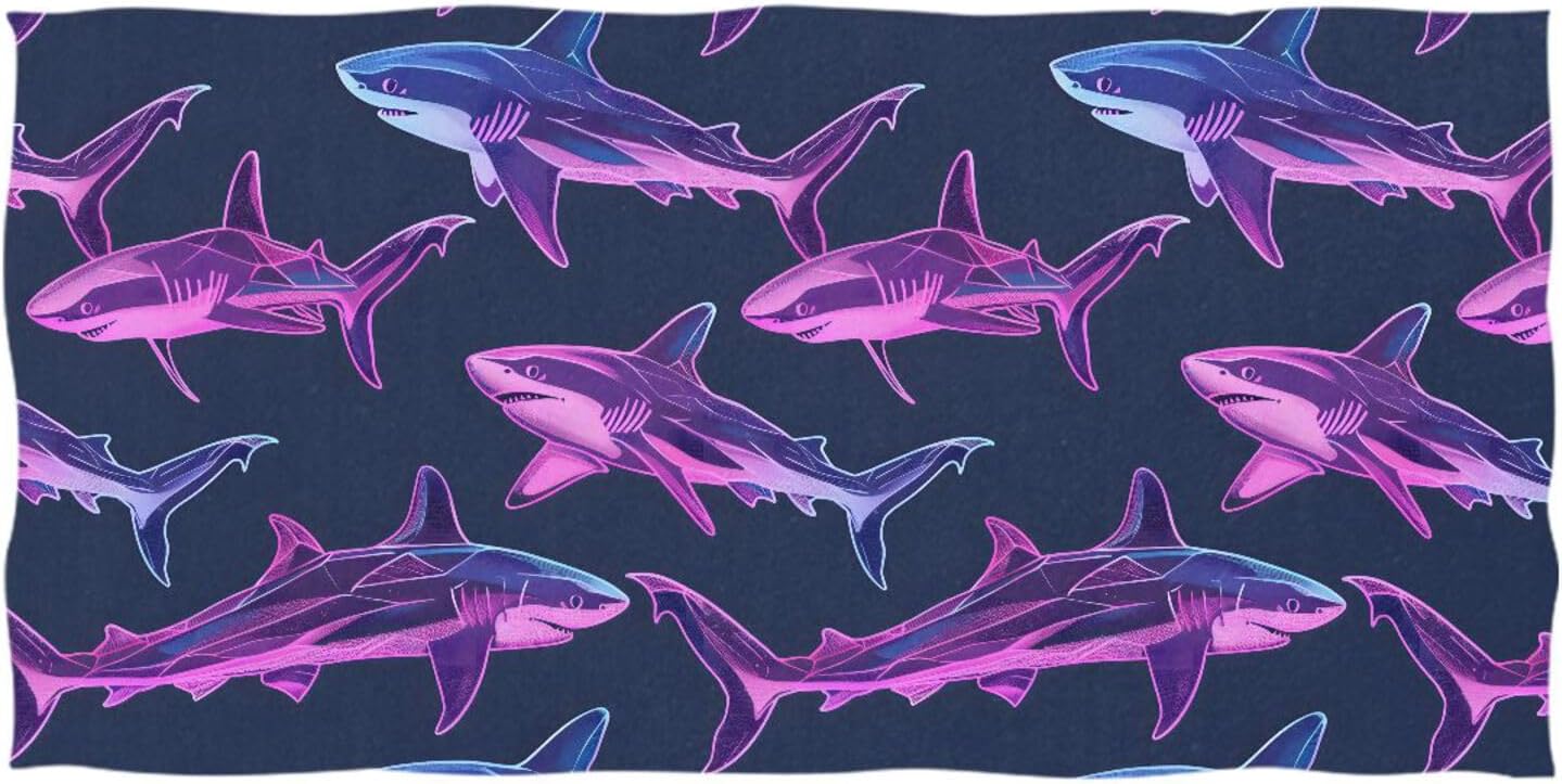 senya Beach Towel for Women Men, Neon Purple Sharks Beach Towel Extra Large Beach Accessories for Swiming Pool Camping Yoga Gym Sports