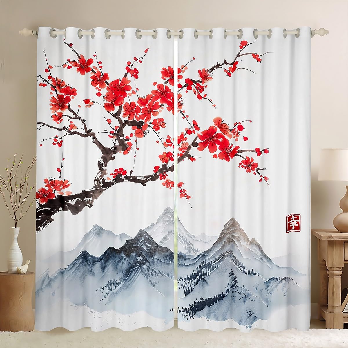 Homewish Japoński kwiat śliwy szer. 132 cm x dł. 229 cm zasłony okienne, obraz atramentowy krajobraz nadruk zasłony zaciemniające kwiatowy wzór zasłony 2 zestawy paneli azjatyckie ukiyoe dekoracje