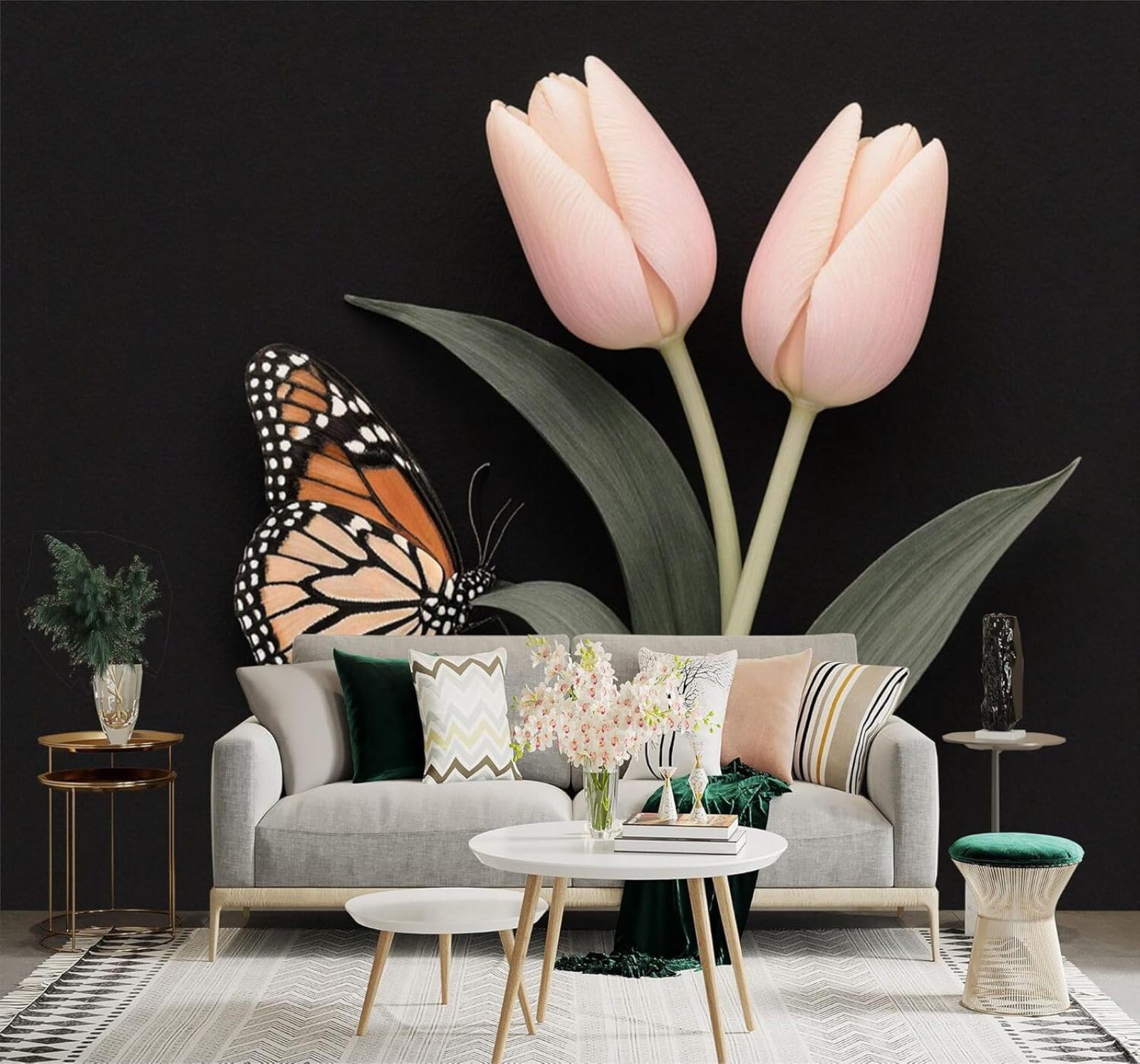 XLMING Pink Tulips Butterflies Green Leaves Elegant Flowers Art 3D Wallpaper Silky Texture Home Study Office Grey Dining Room Sofa Bedroom Living Room TV Backdrop-250cm×170cm