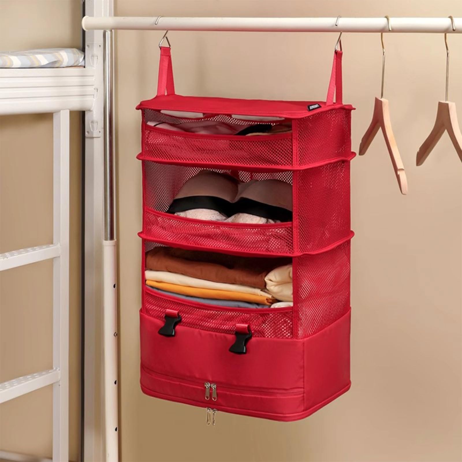 Organisateur Armoire Suspendu Pliable, Étagères De Rangement Penderie en Tissu Oxford avec Poignées, Cadre Acier, Respirant Gain De Place pour Maison, Caravane, Camping(Rot)