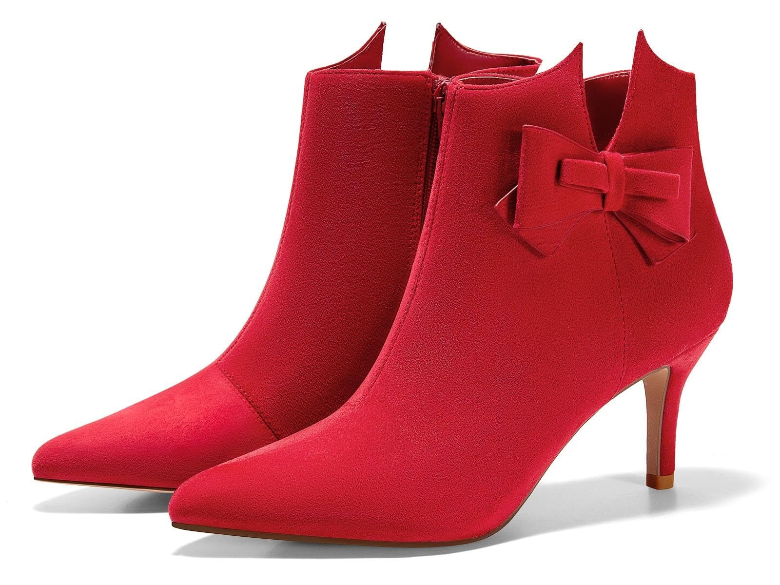 Ermonn Womens Pointed Toe Ankle Boots Stiletto Heels Side Zipper Bow Faux Suede Booties Wedding Dress Shoes