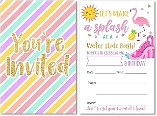 Water Slide Birthday Party Invitations with Envelopes Set of 20 Pink Flamingo Water Splash Bash Pool Birthday Party Invites Fill in Blank
