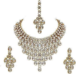 i jewels Traditional Gold Plated Stone Studded Bridal Choker Necklace Set Earrings & Maang Tikka For Women (IJ332W)-picture-17
