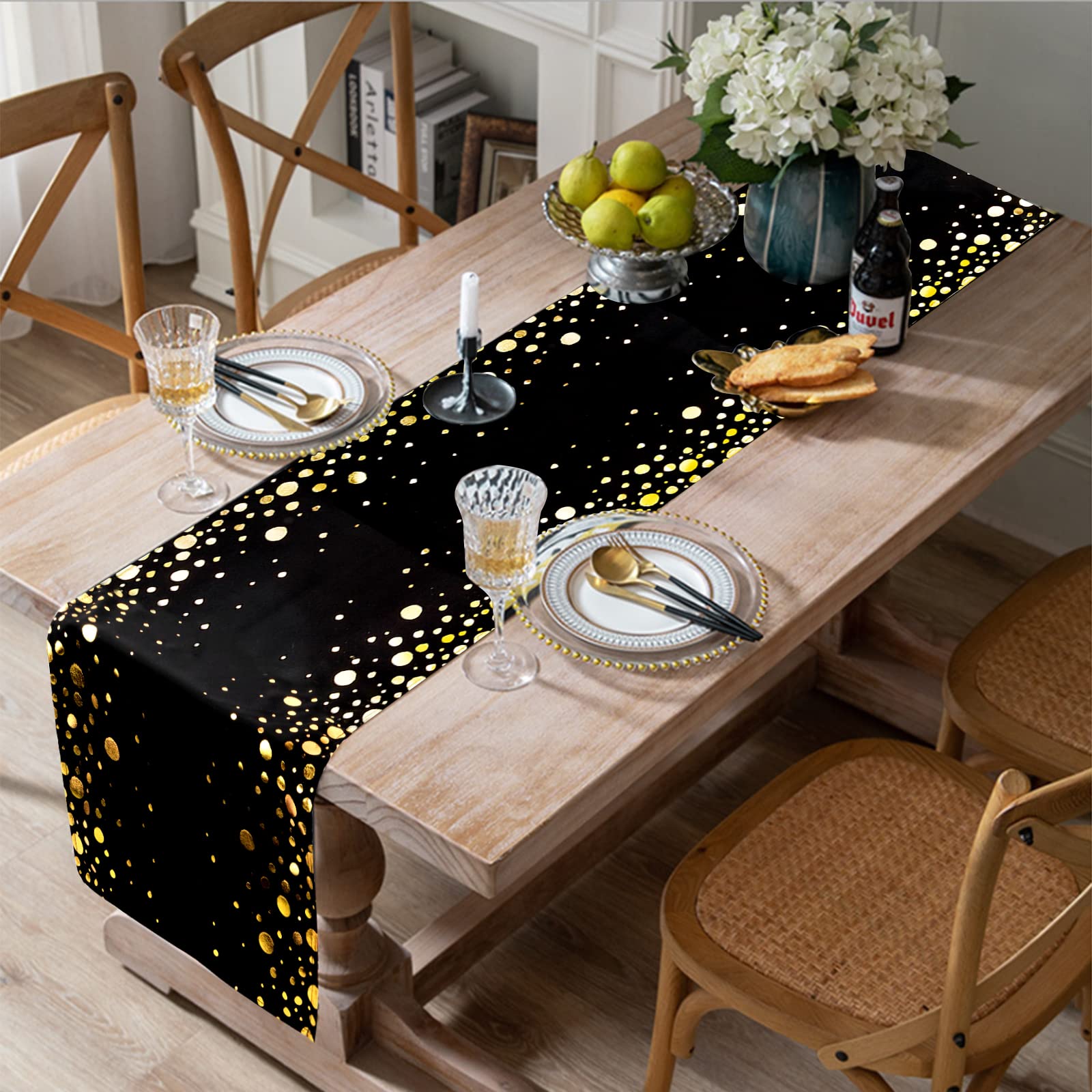 Vesaneae 30cm x 183cm Tischläufer Schwarz Gold, Tischläufer Abwaschbar, Tischdecke Hochwertiger, Rechteckige Tischwäsche, Tischtuch mit Goldpunkten, Tischdekoration für Den Innen- und Außenbereich Küche, Haushalt & Wohnen
