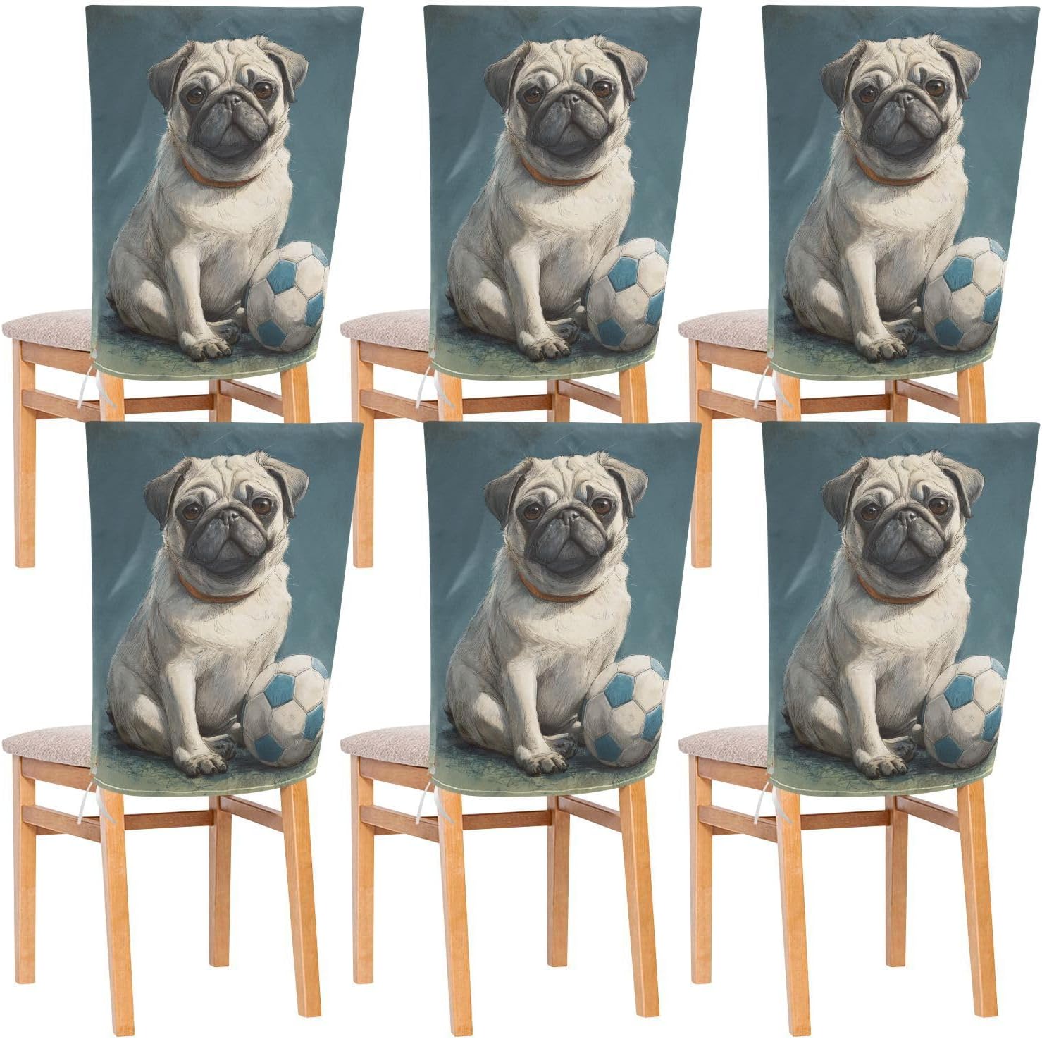 ALAZA Pug Dogs Soccer Balls Chair Back Cover Set of 6, Washable Reusable Removable Chair Slipcovers Decorative Chair Cover for Home Kitchen Wedding Party